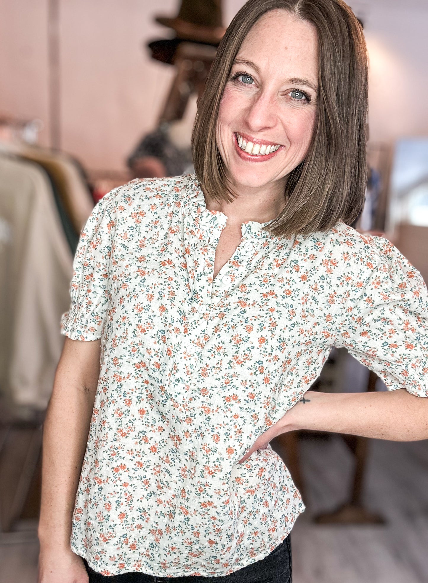 Aria Dainty Floral Print Short Sleeve Ruffle Neckline Blouse