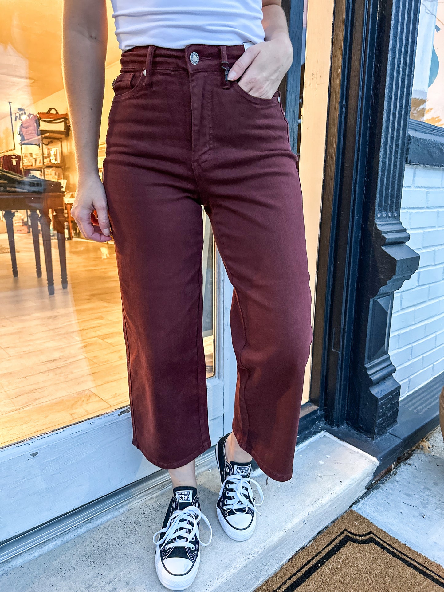 Tummy Control Wide Leg Crop Denim in Deep Red by Judy Blue