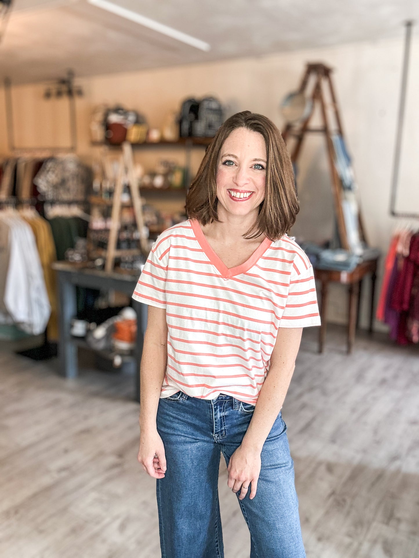 Striped V-Neck in Coral