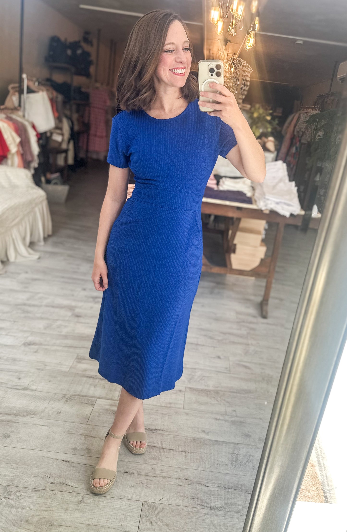 Say Oui! Royal Blue Short Sleeve Ribbed Knit Midi Dress