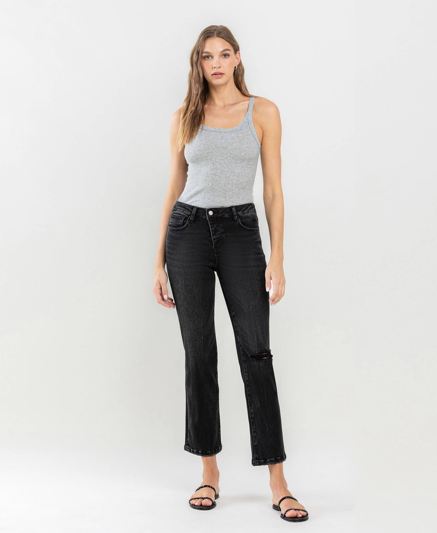 High Rise Distressed Straight Jeans in Washed Black