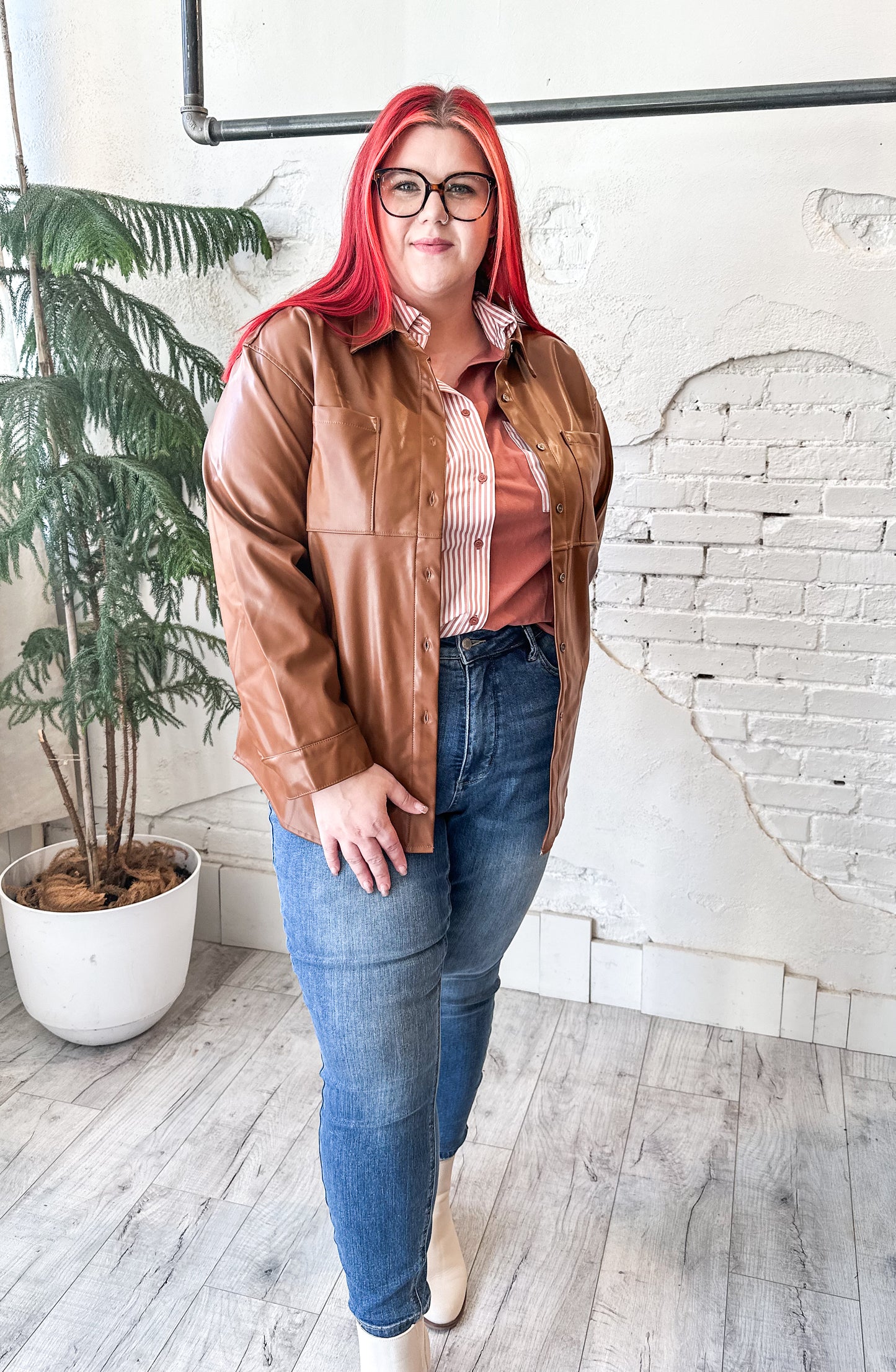 Faux Leather Button Down in Rich Cognac