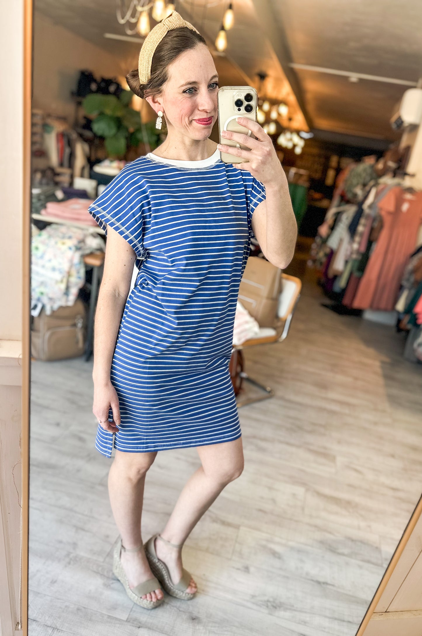 High Low Side Slit Striped T-Shirt Dress in Royal Blue