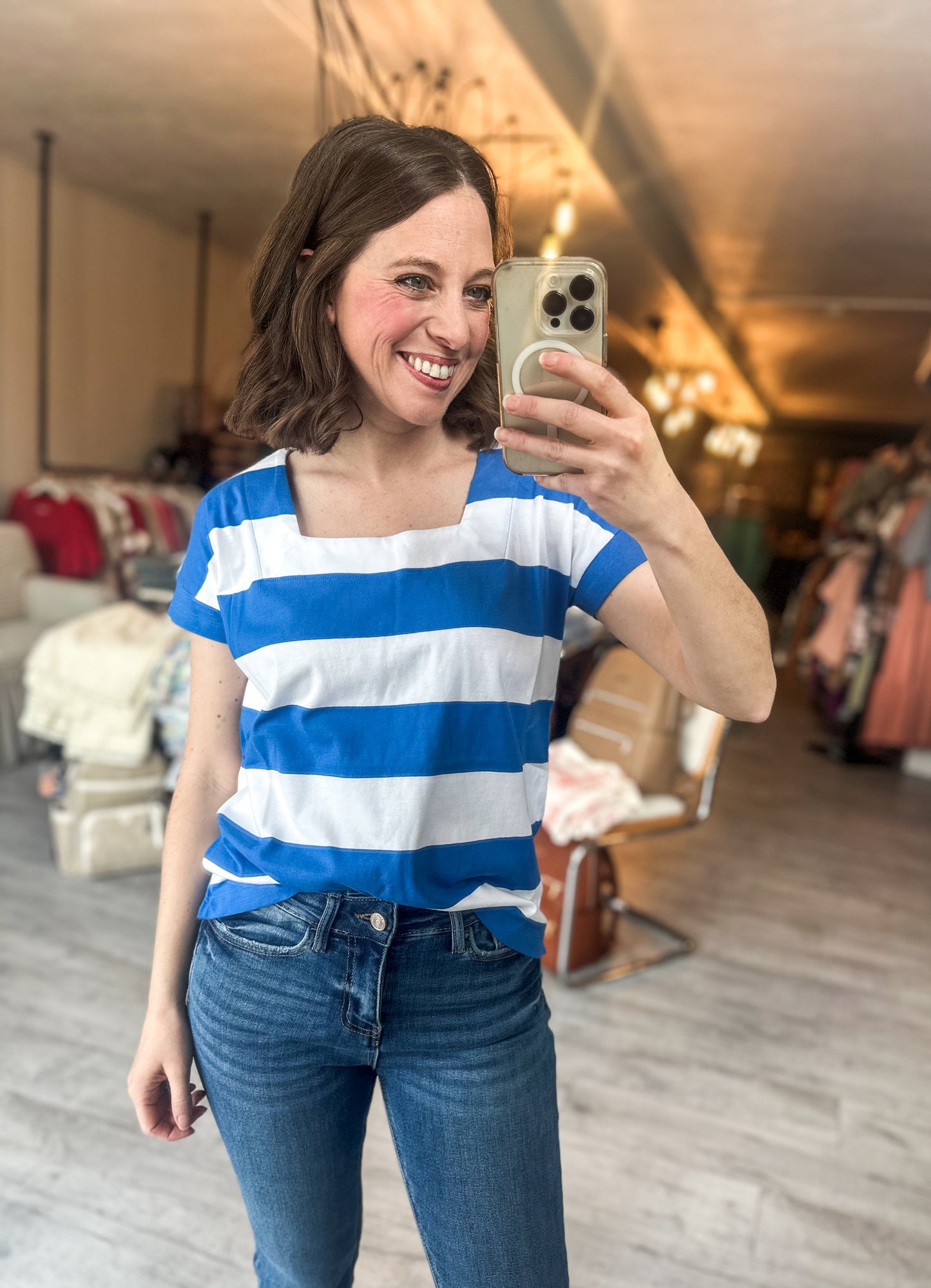 All Angles Square Neck Striped Tee in Bright Blue