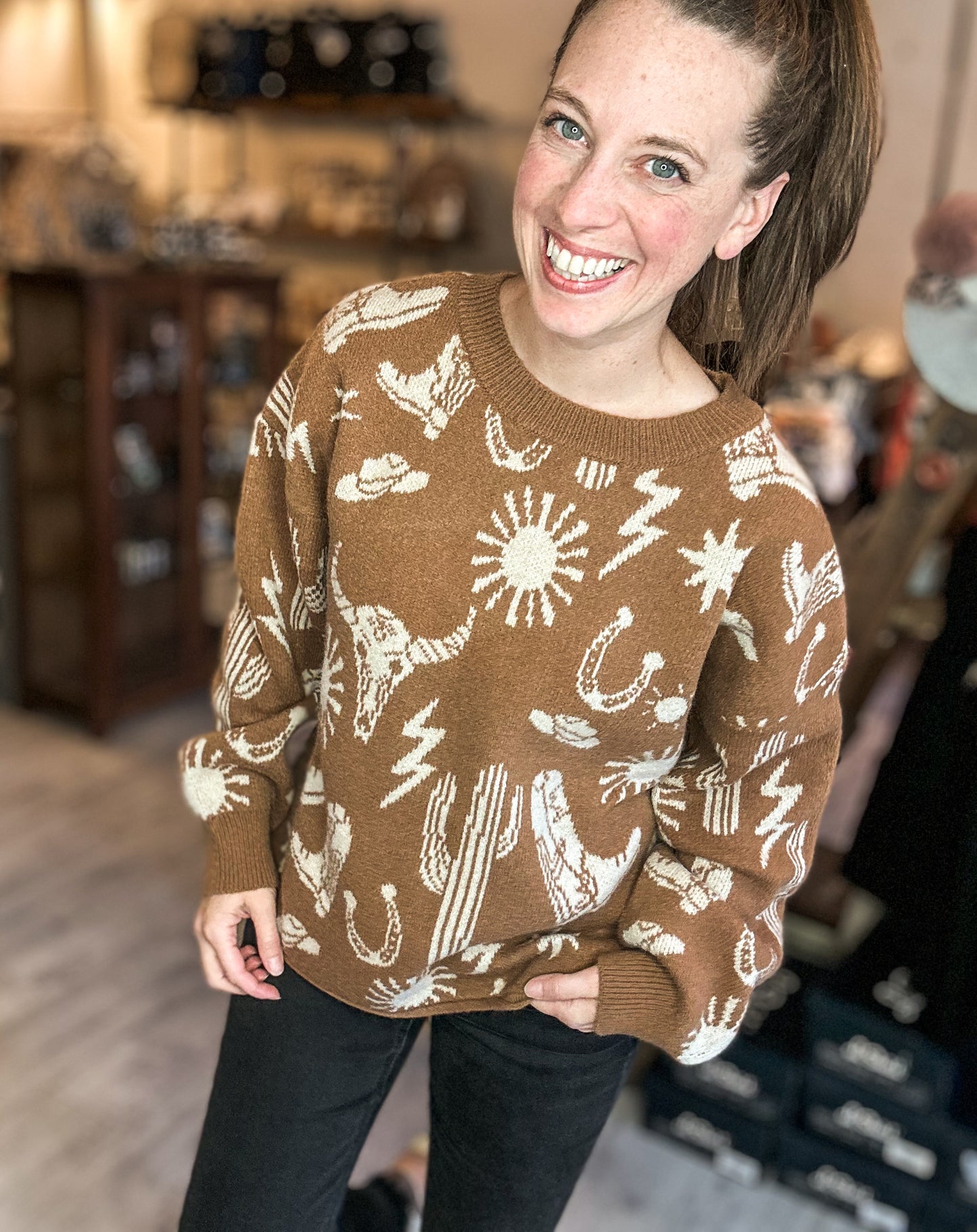 Western Graphic Oversized Knit Sweater Top