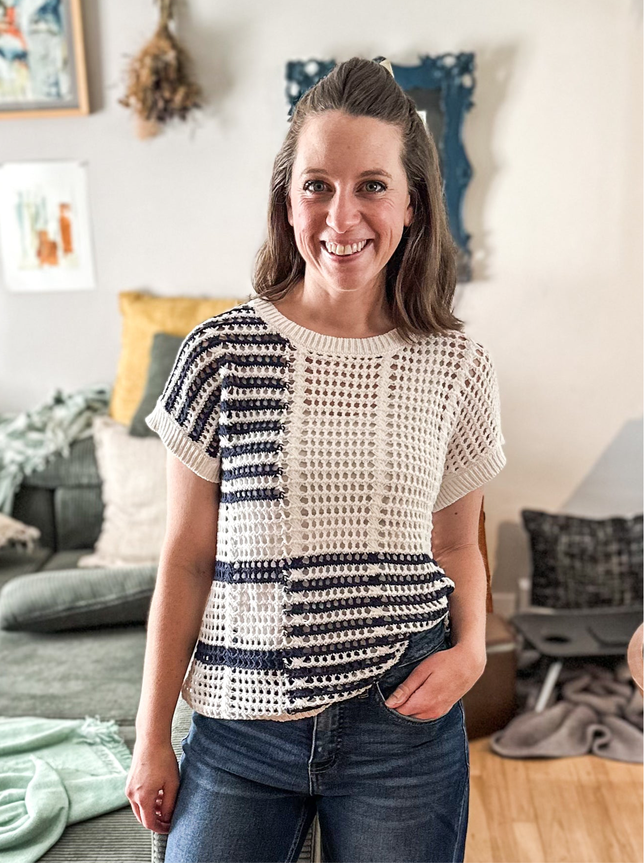 Multi Stripe Short Sleeve Crochet Knit Top in Navy