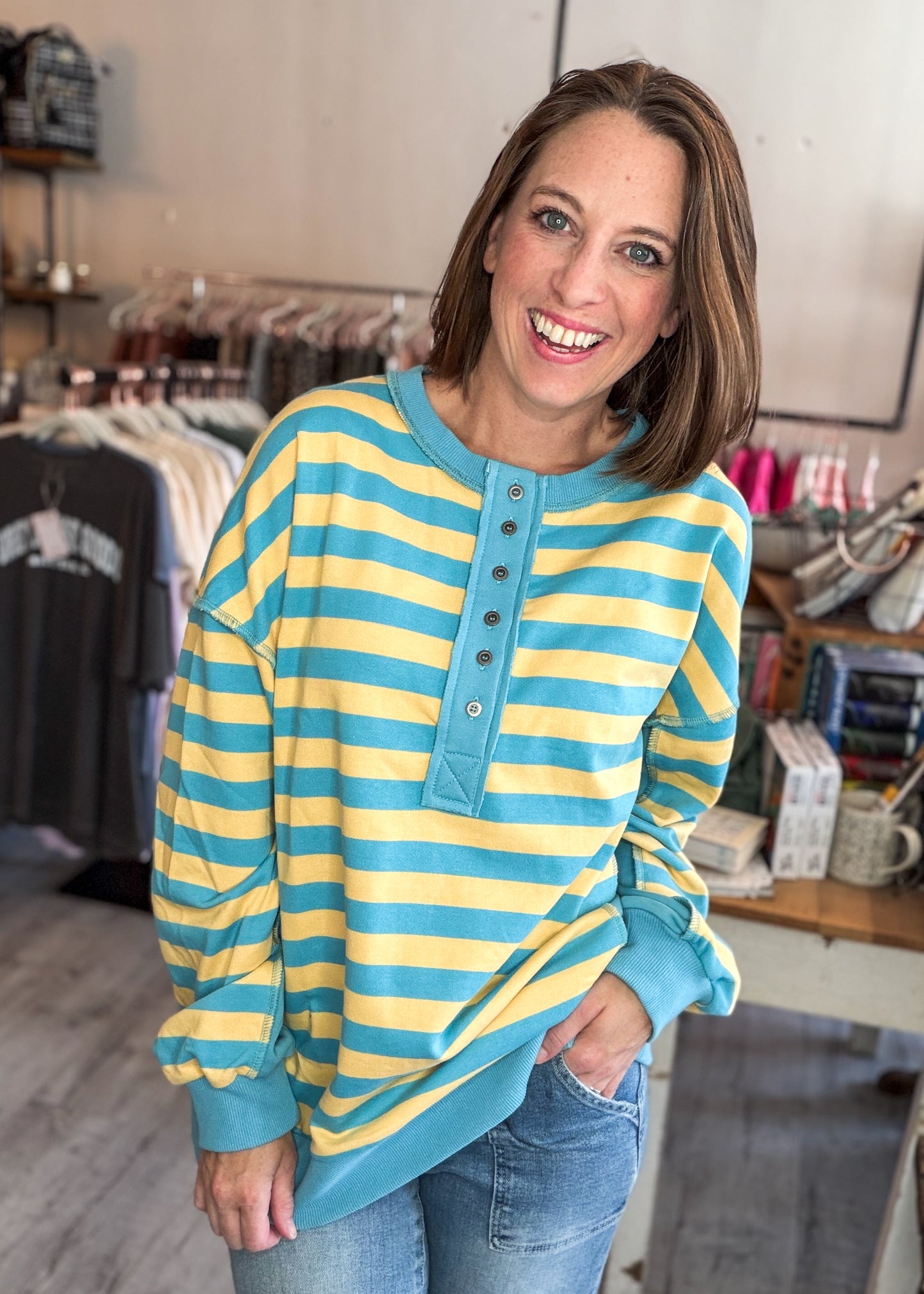 Oversized Striped Half Button Down Casual Knit Top