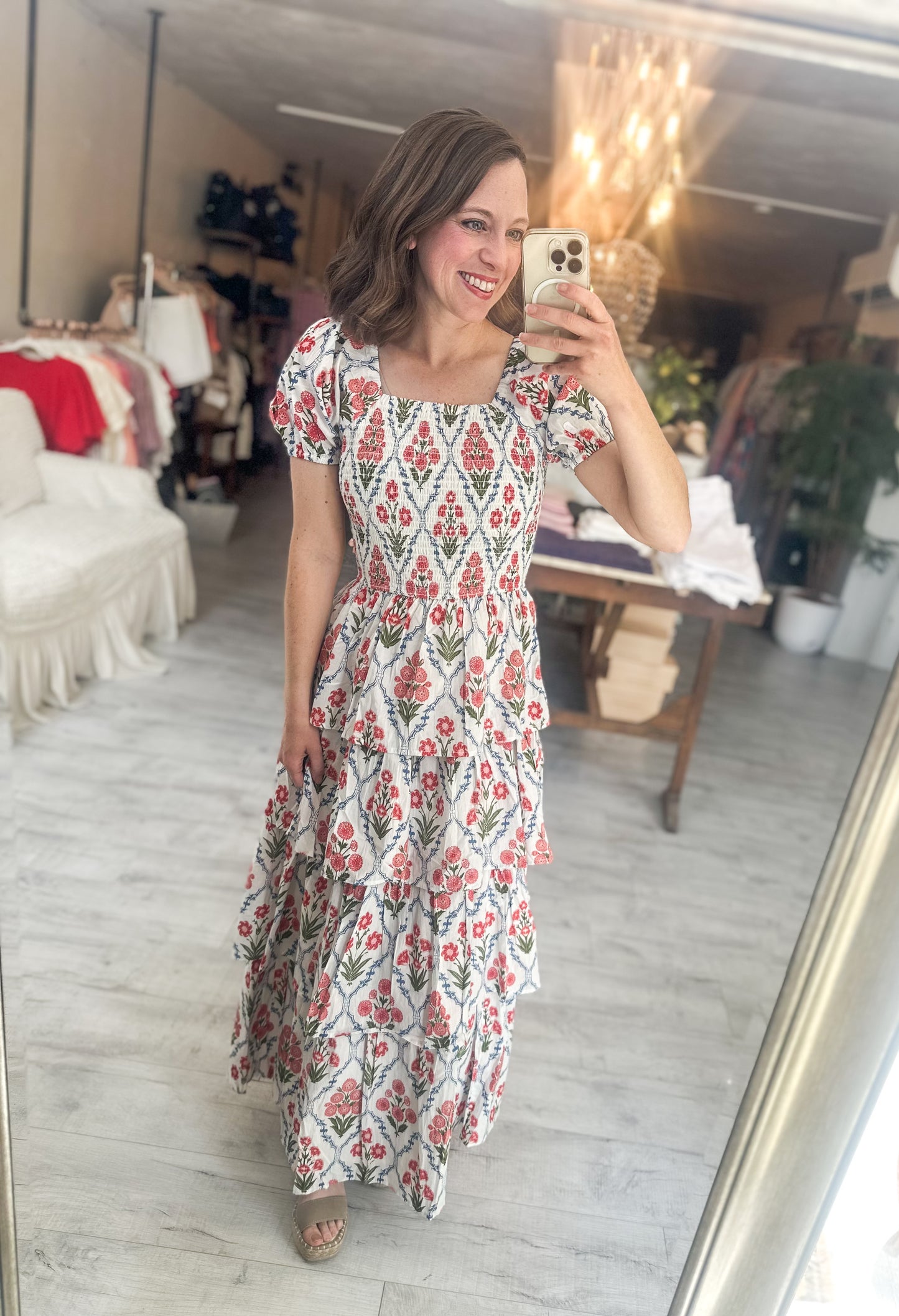 Joyful Floral Print Short Sleeve Maxi Dress w/ Tiered Skirt
