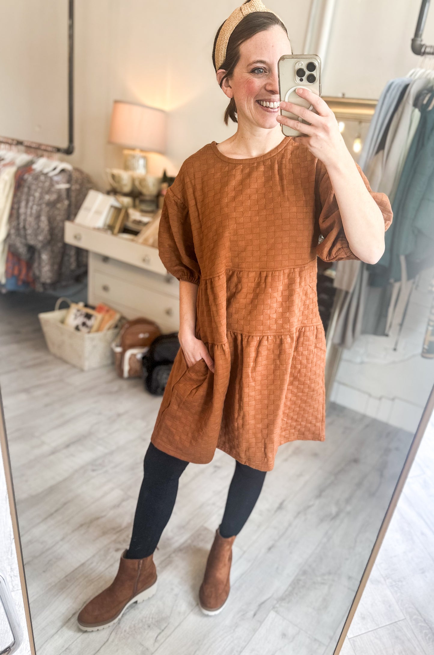 Quilted Knit A-Line Puff Sleeve Babydoll Mini Dress in Almond