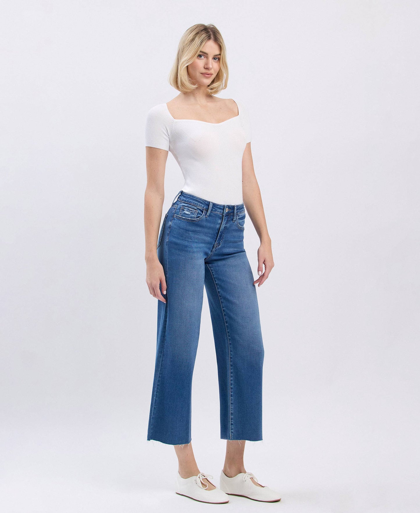 High Rise Clean Cut Raw Hem Crop Slim Wide Leg by Vervet
