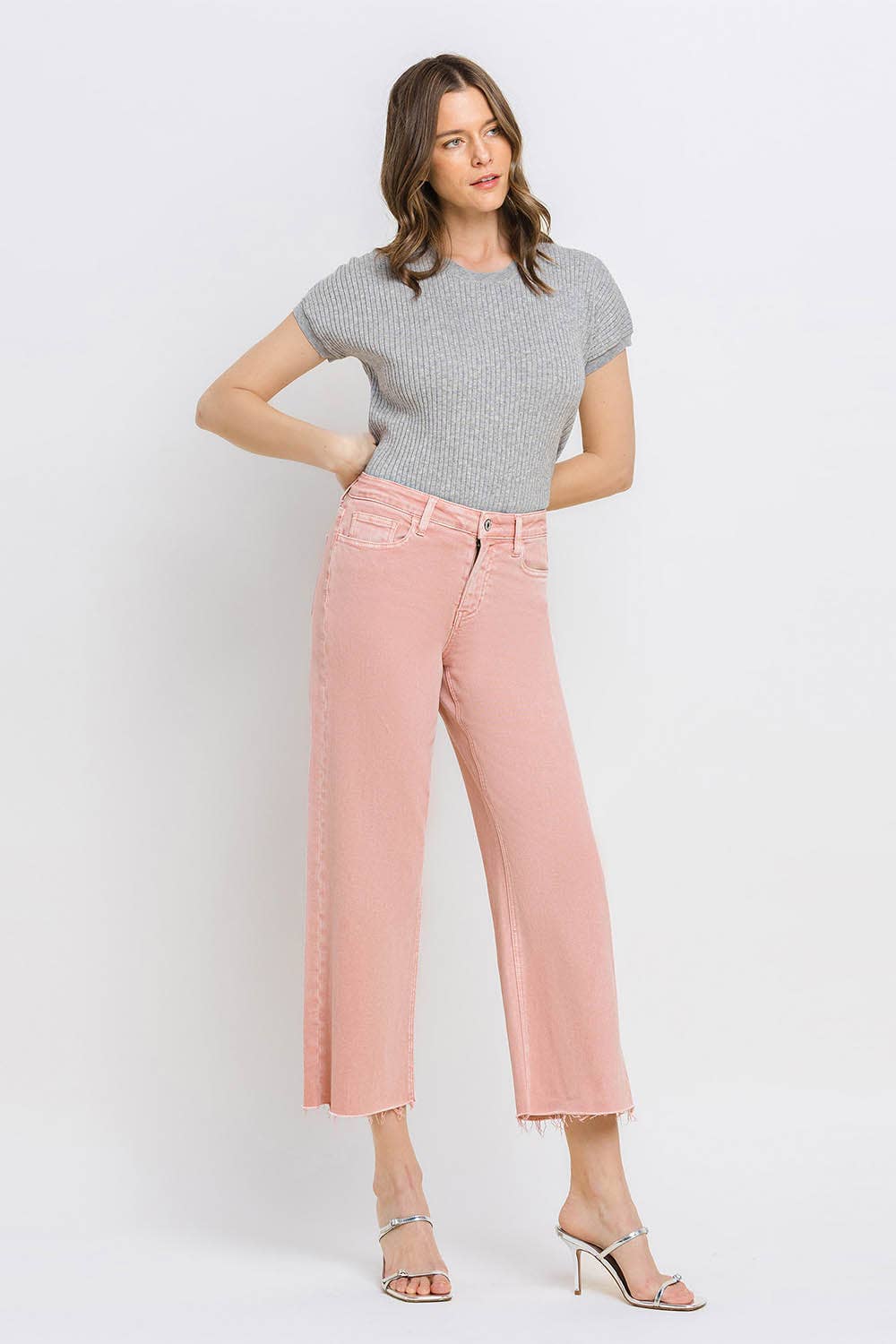 High Rise Crop Wide Leg Denim in Silver Pink by Vervet