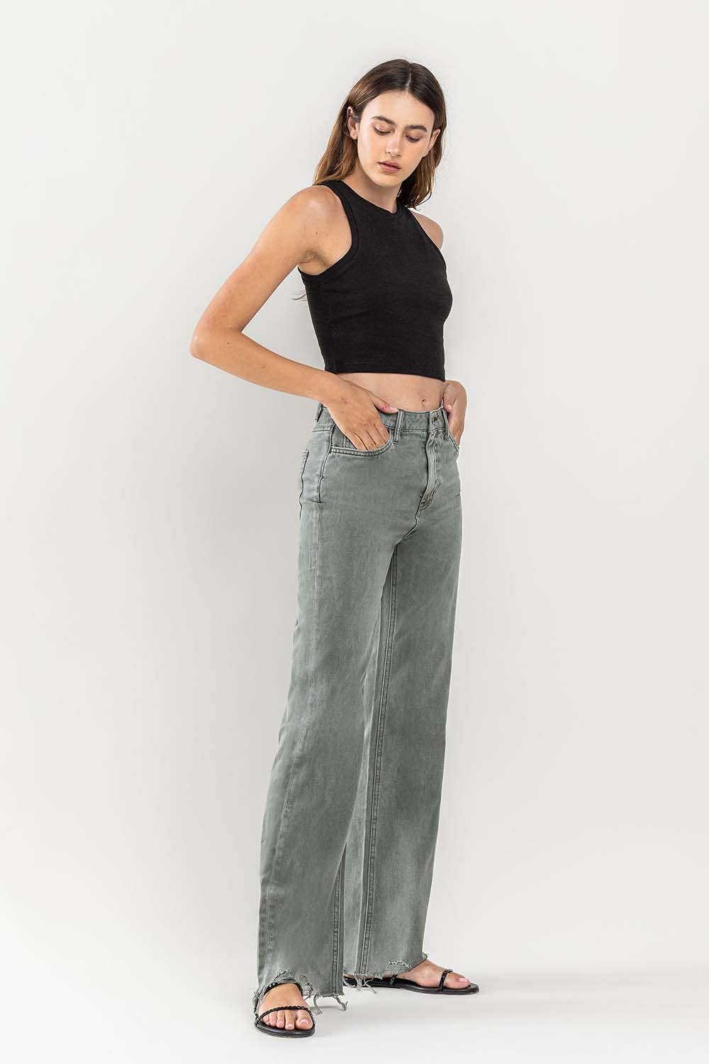 90'S Vintage Super High Rise Flare Jean in Thyme by Vervet