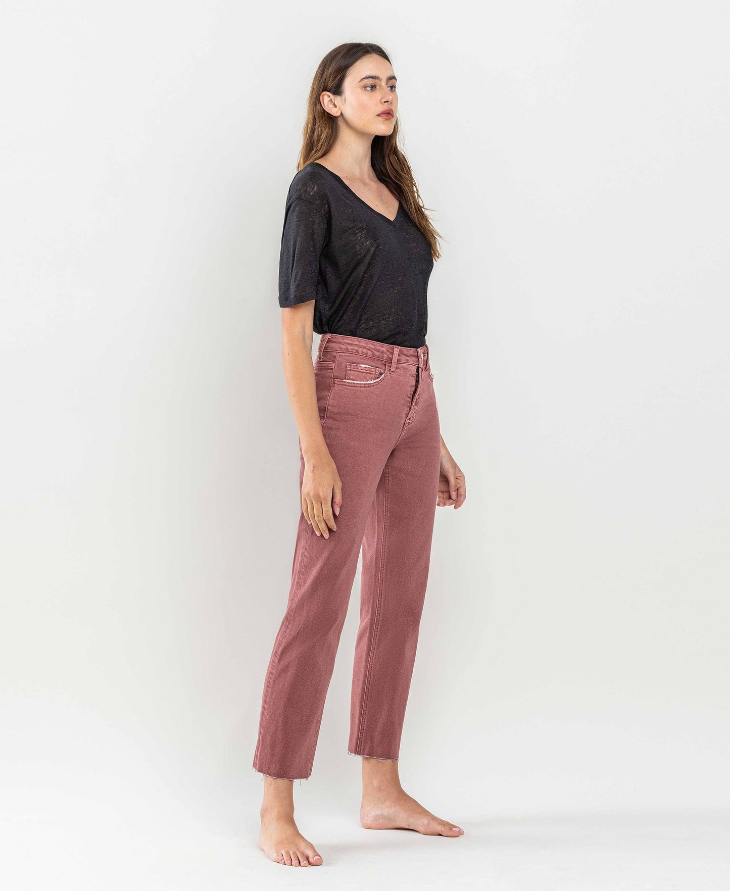 Raw Hem Crop Straight Medium/High Rise in Desert Rose