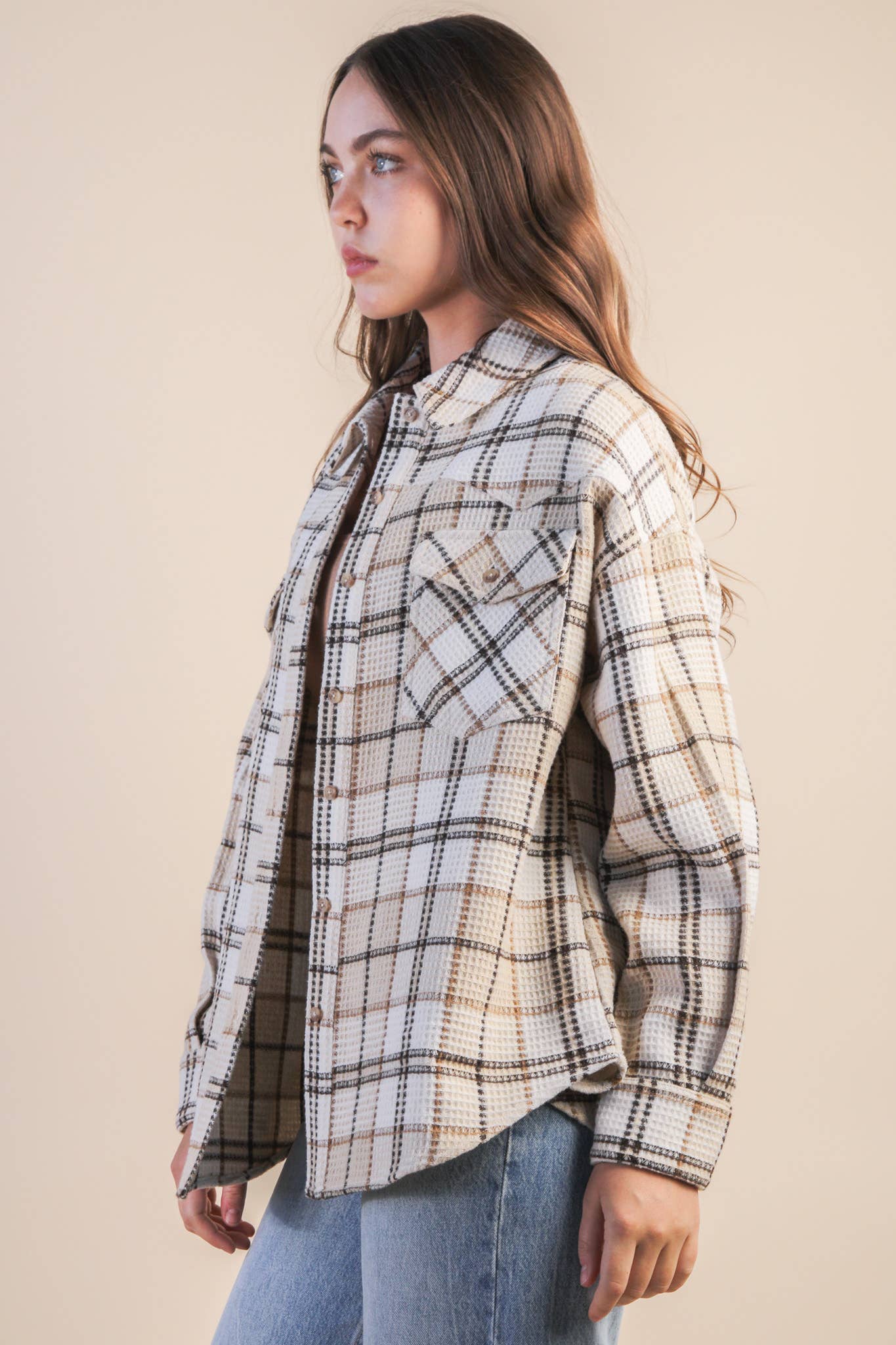 Oversized Checkered Casual Shacket Jacket in Cream