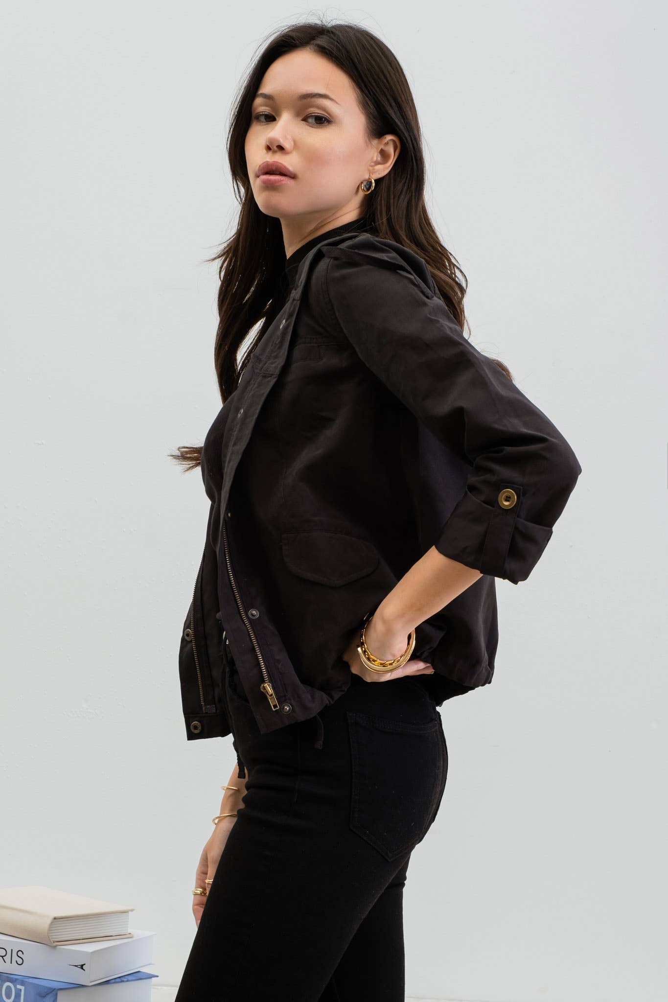 Snap Up & Zipped Hooded Light Weight Jacket in Black