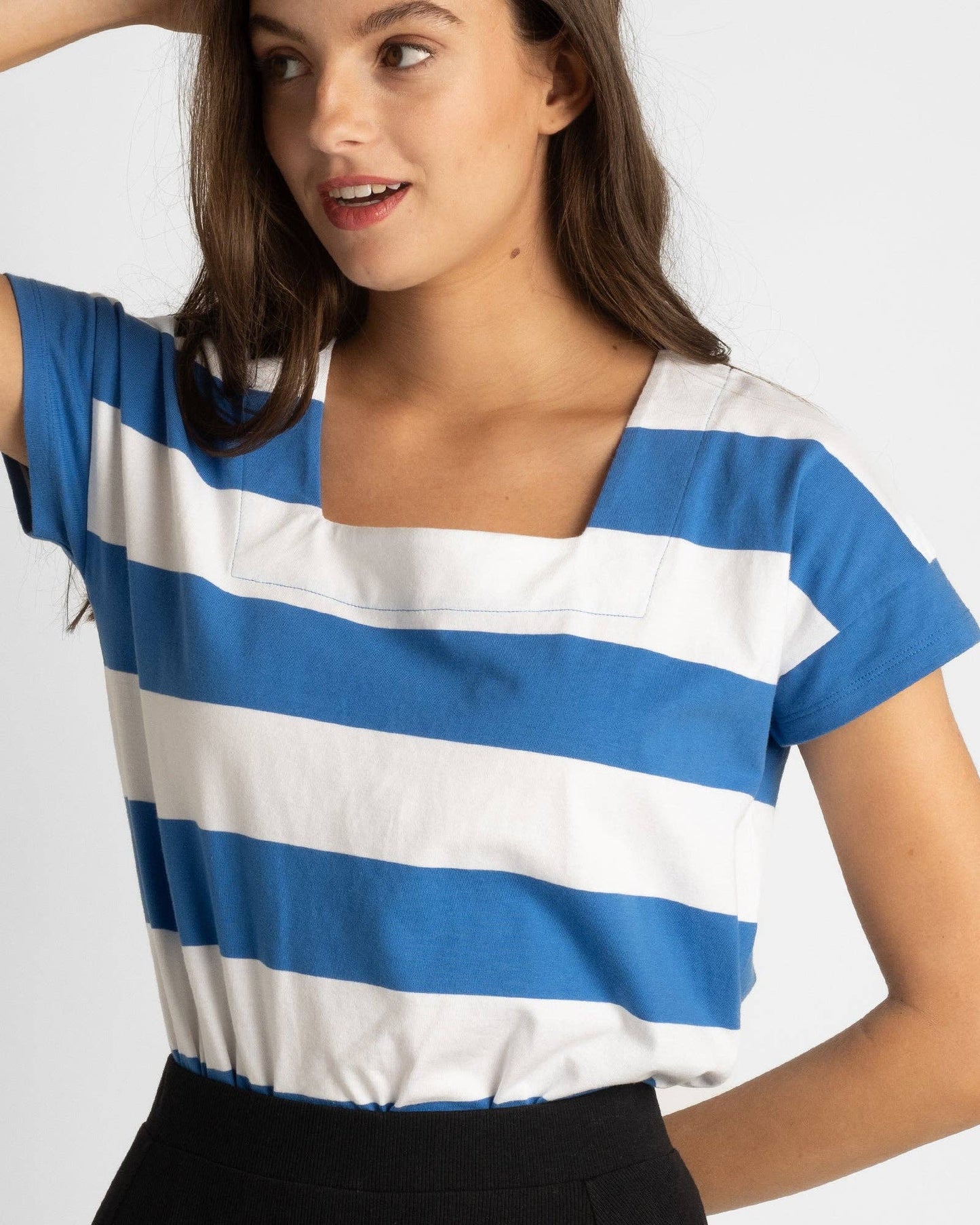 All Angles Square Neck Striped Tee in Bright Blue