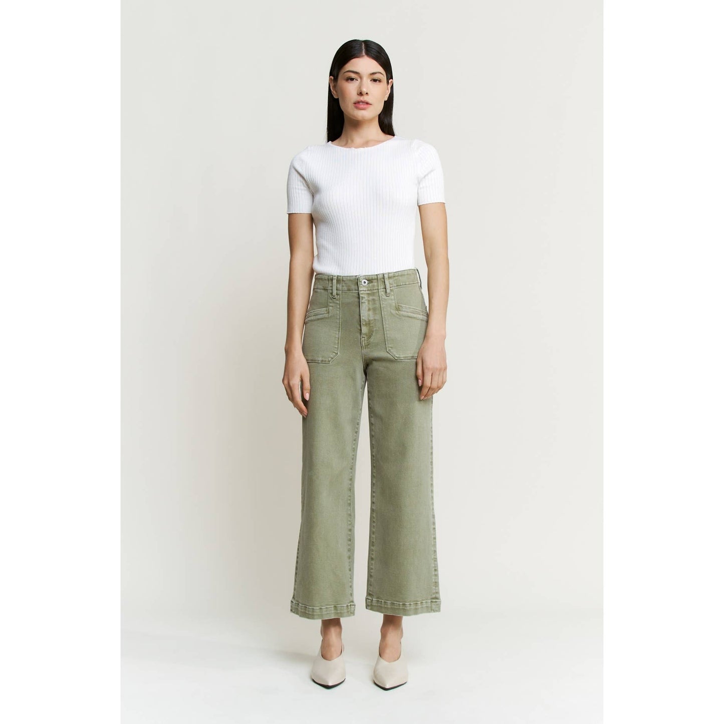 Super High Wide Cropped Utility Denim in Faded Green by MICA