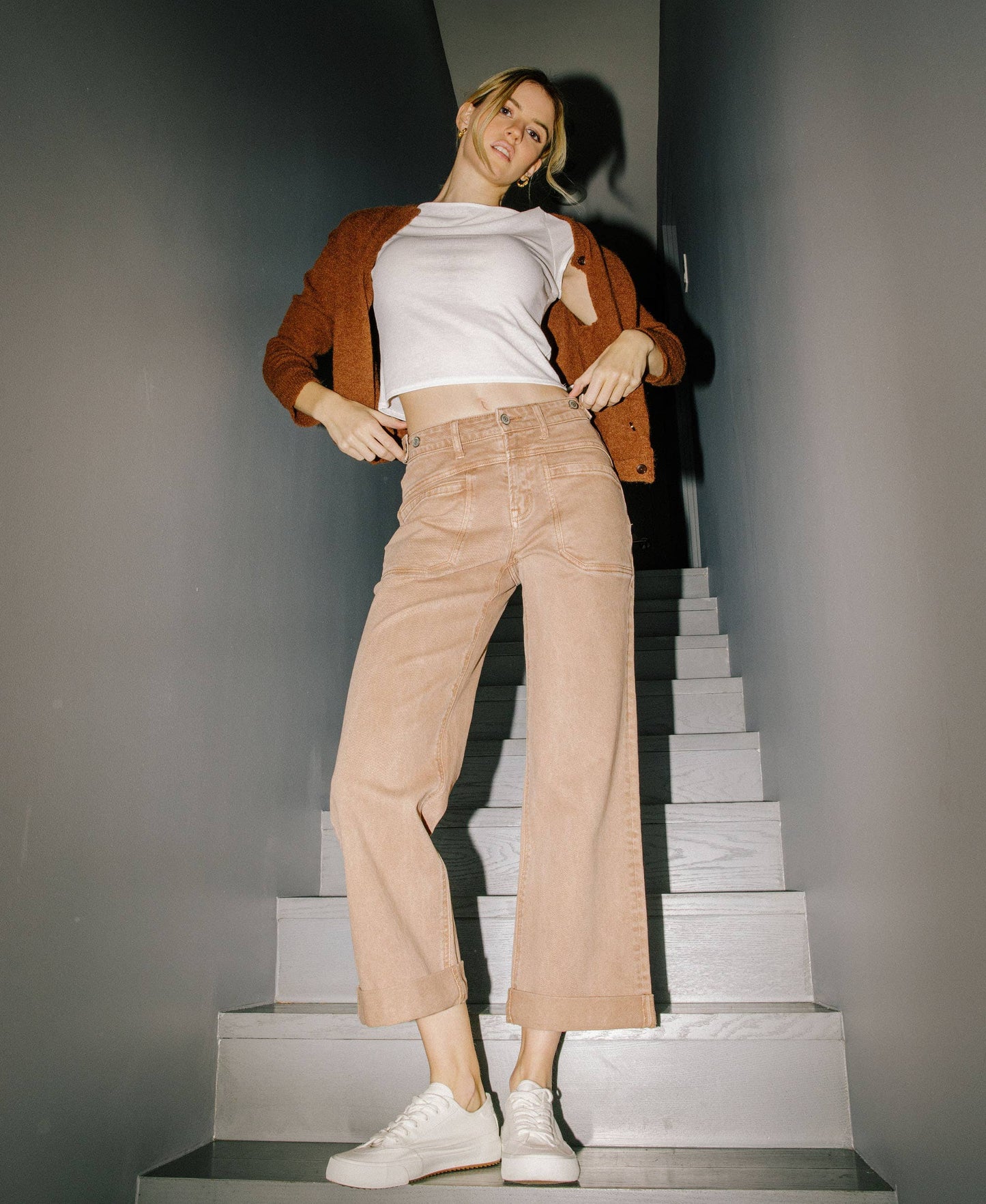 High Rise Tab Wide Denim in Warm Taupe by Flying Monkey