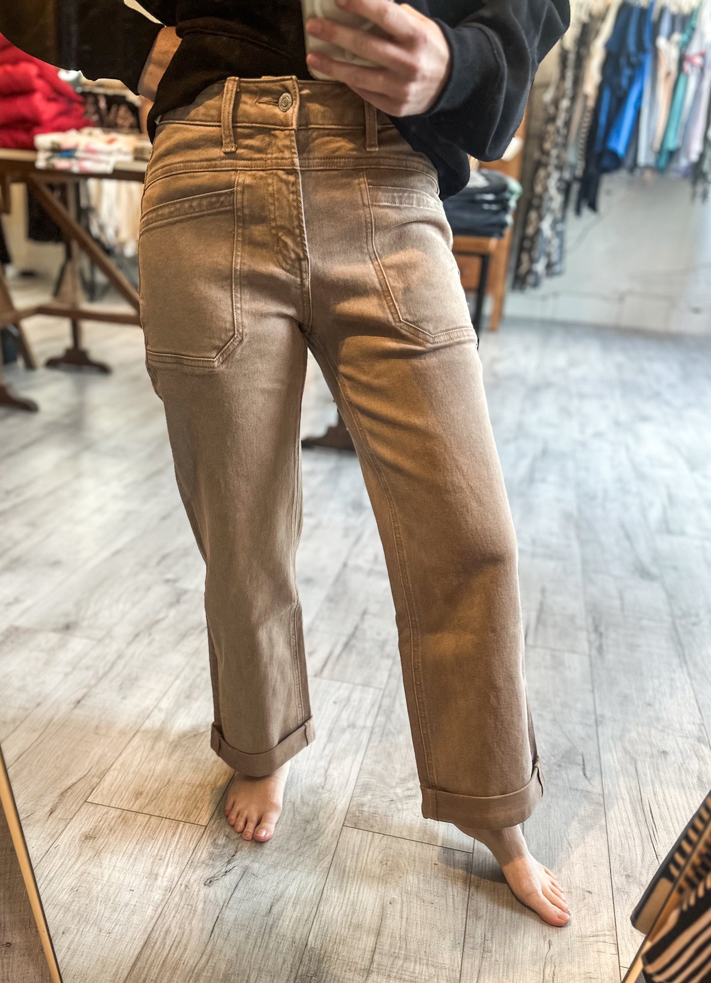 High Rise Tab Wide Denim in Warm Taupe by Flying Monkey