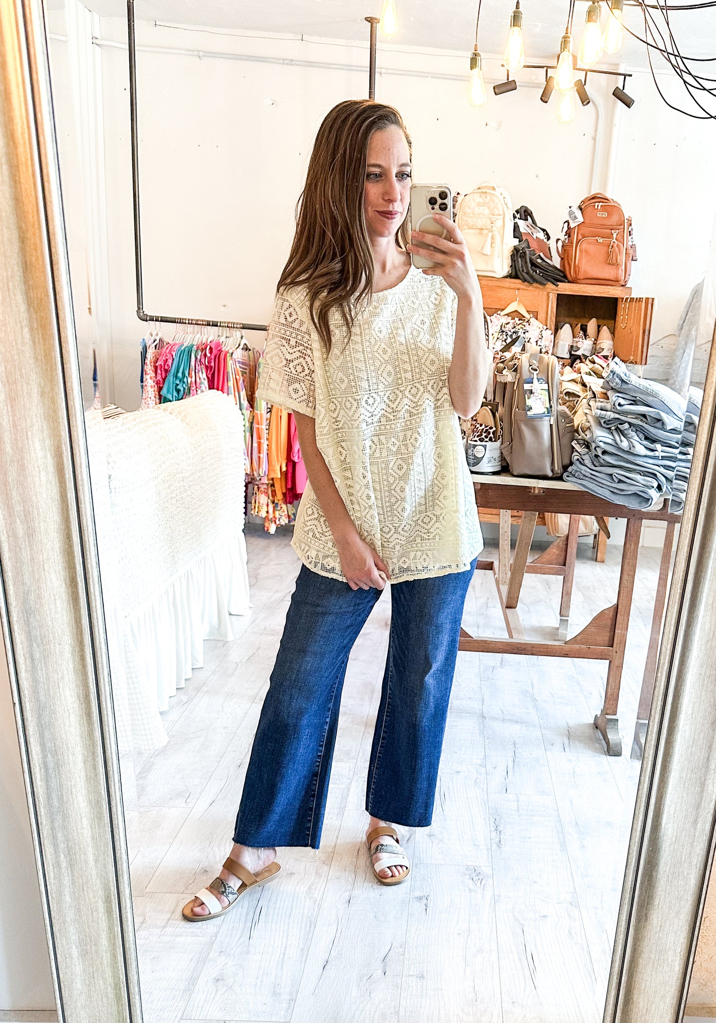 Smock Front Embroidery Short Sleeve Blouse in Natural