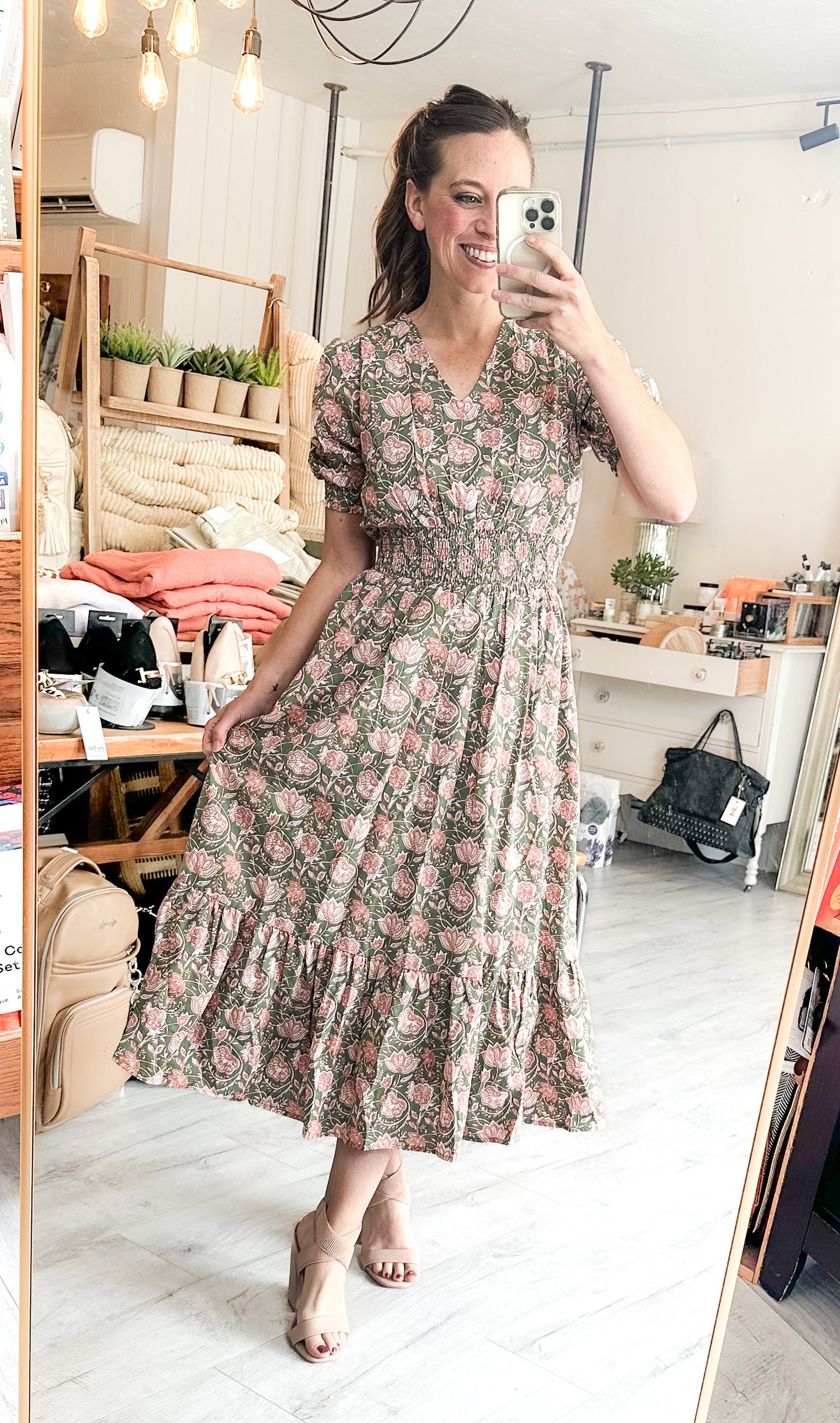 Violet Midi Dress in Green & Pink