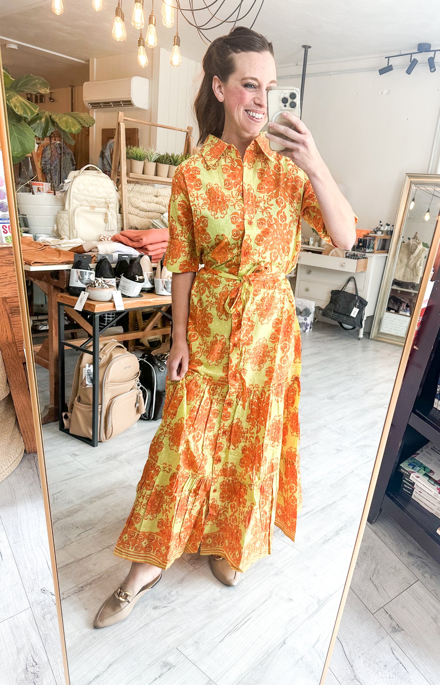 ModaPosa Swiss Dot Orange & Green Maxi Dress