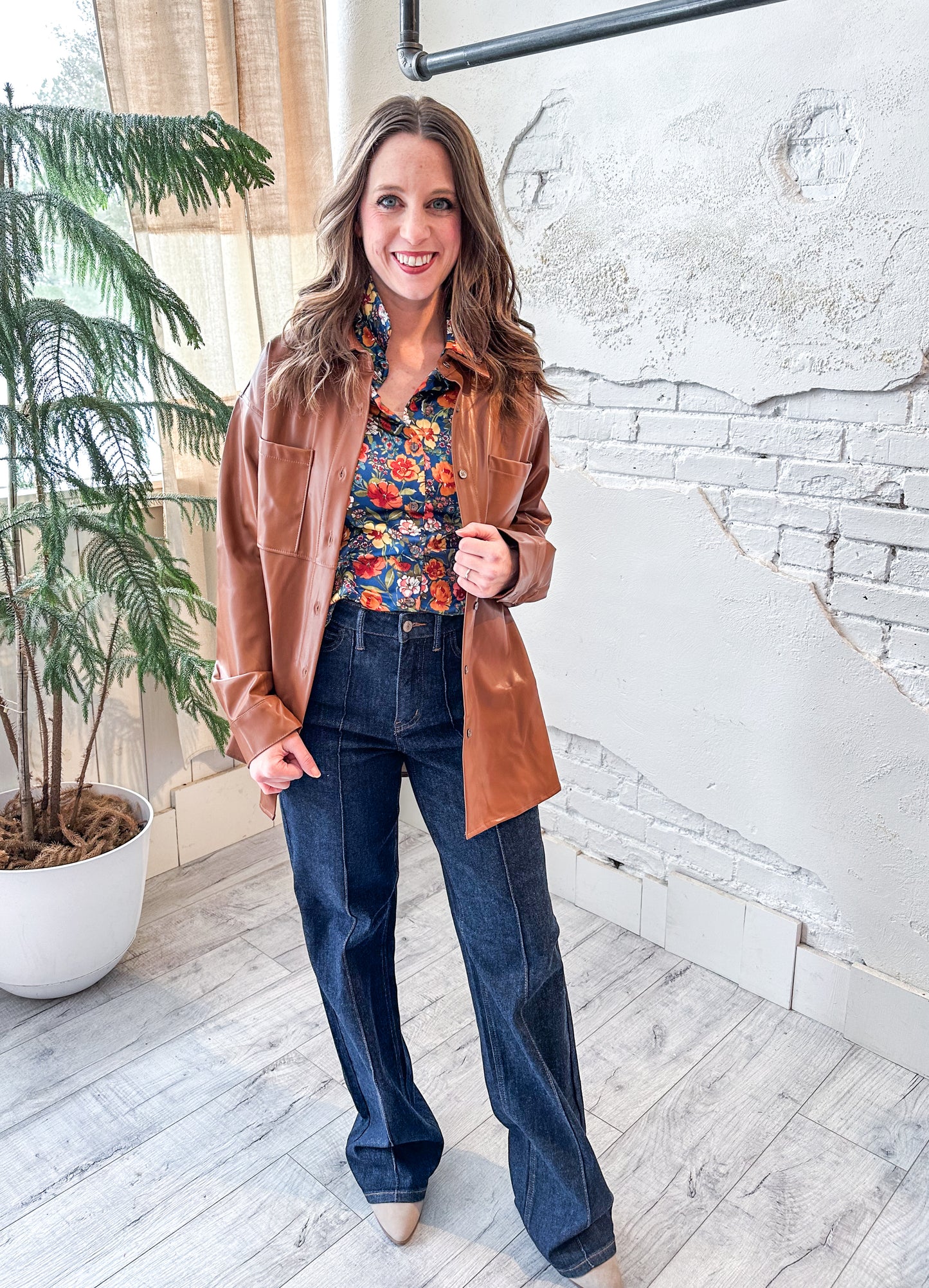 Faux Leather Button Down in Rich Cognac