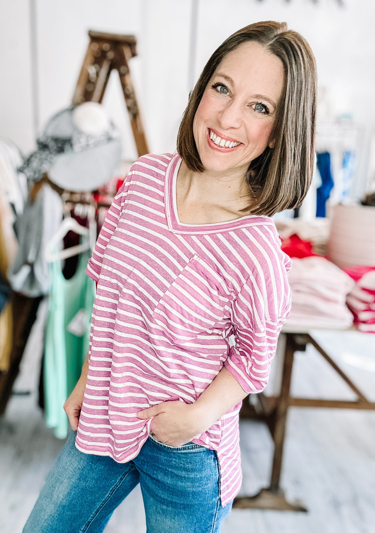 Oversized Stripe Casual V-Neck Knit Top in Orchid