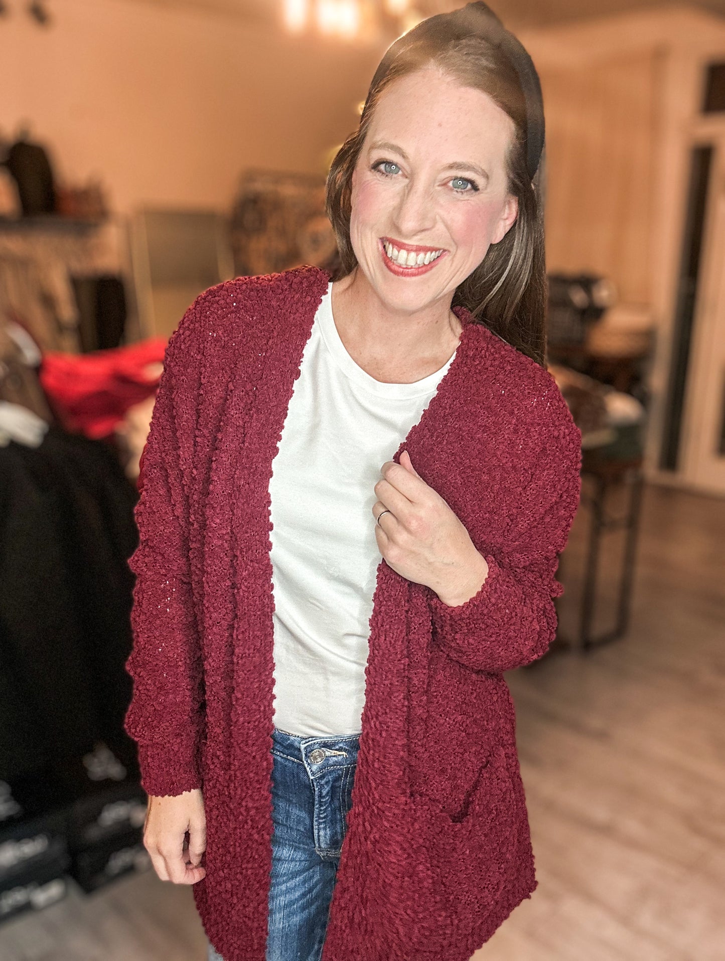 Long Sleeve Popcorn Sweater Cardigan in Cabernet