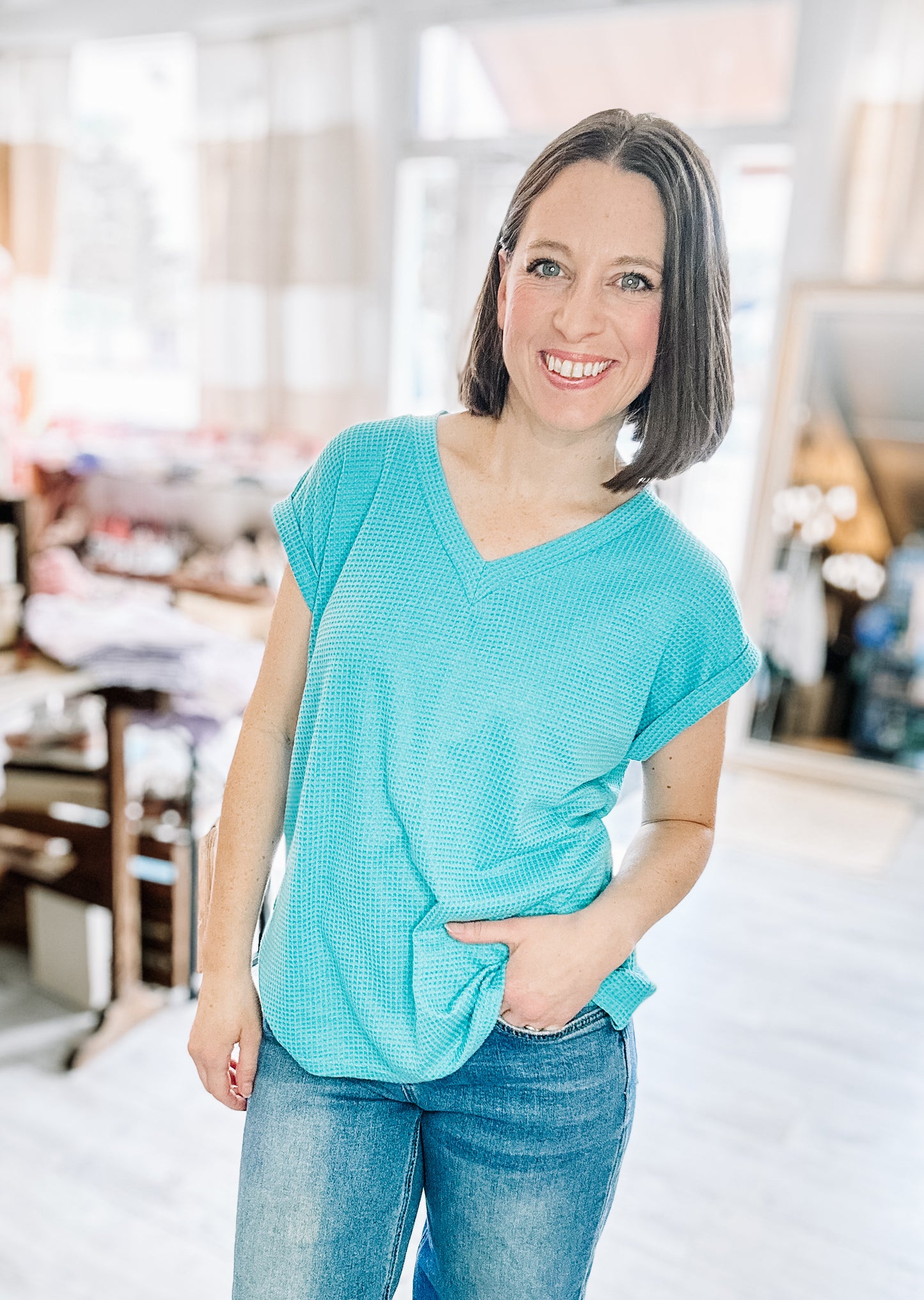 Two-Tone Dolman Sleeve Top in Teal