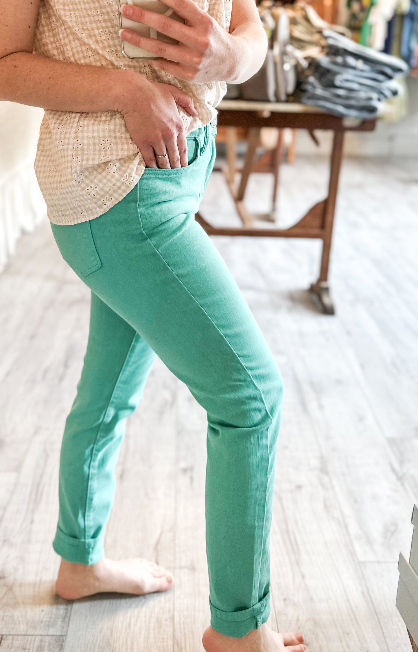 Bridgette High Rise Garment Dyed Slim Jeans in Aquamarine