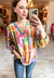 Jaymes Color-block Blouse with V Neck & Balloon Sleeve detail.