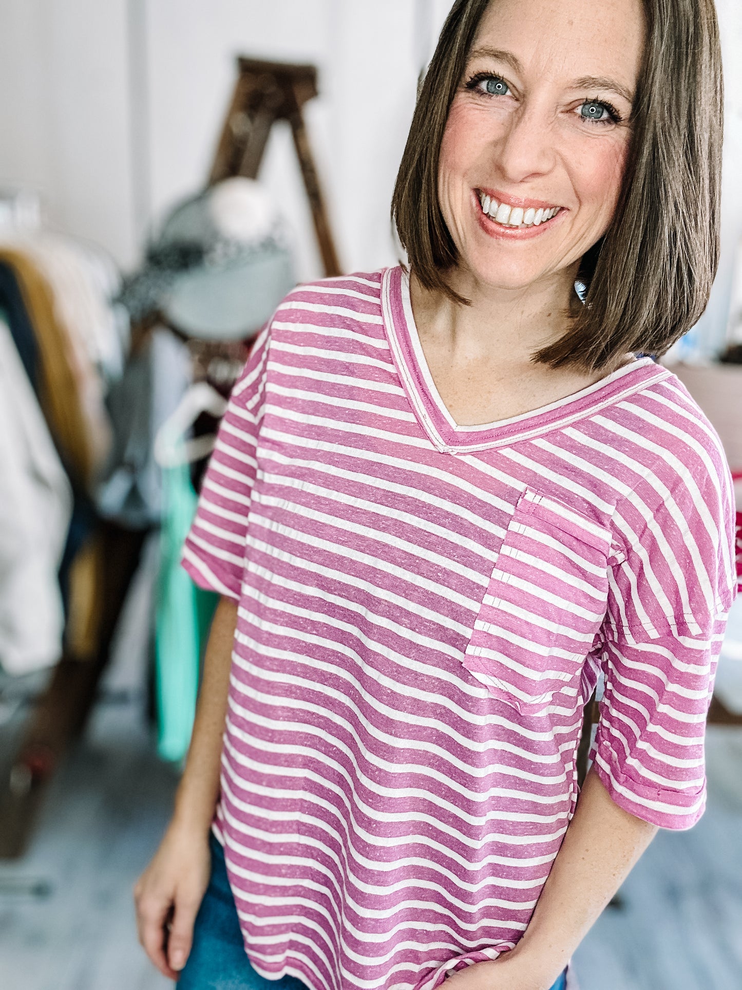 Oversized Stripe Casual V-Neck Knit Top in Orchid
