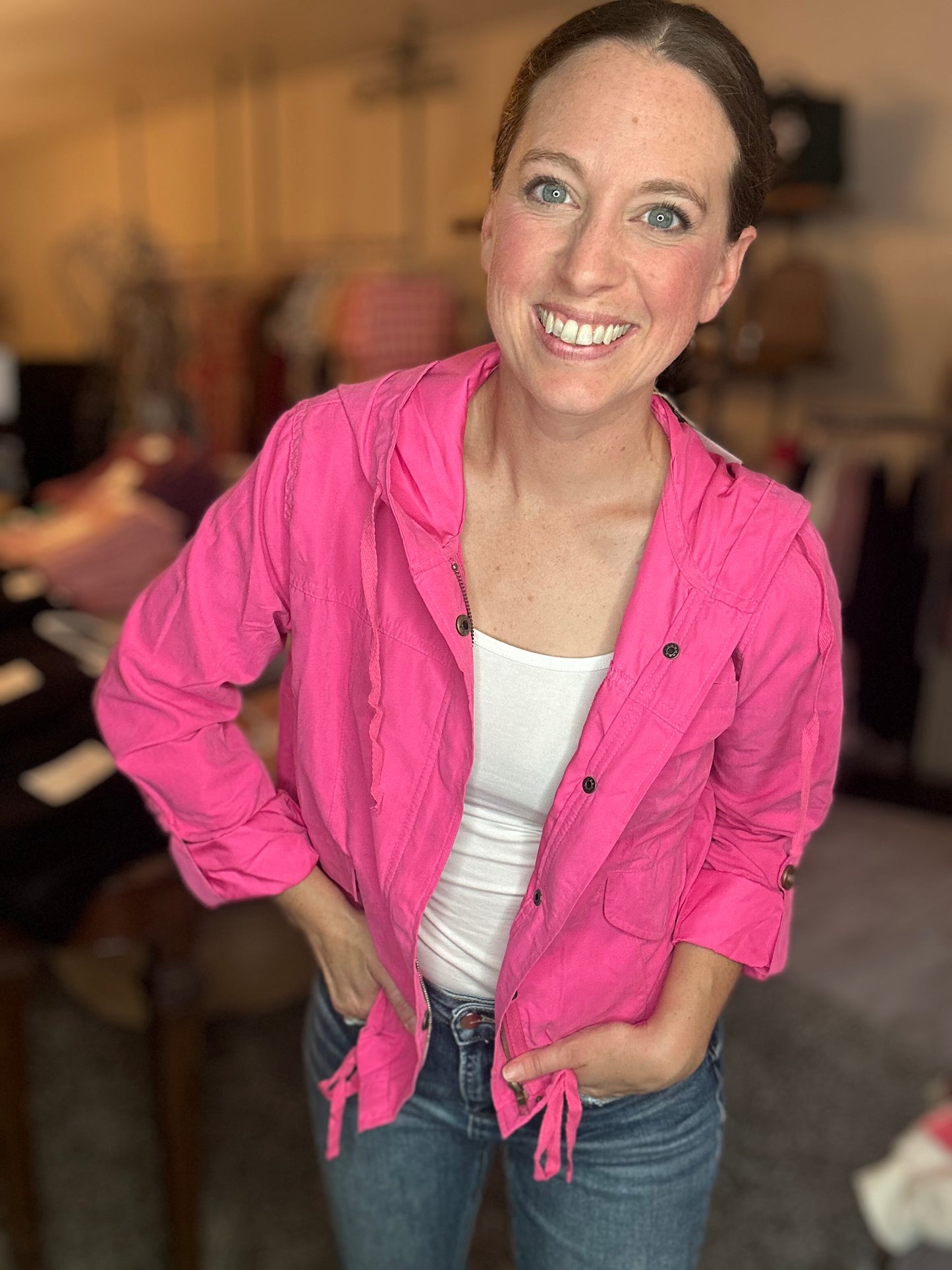 Snap Button Zip Up Hooded Jacket in Fuchsia Pink