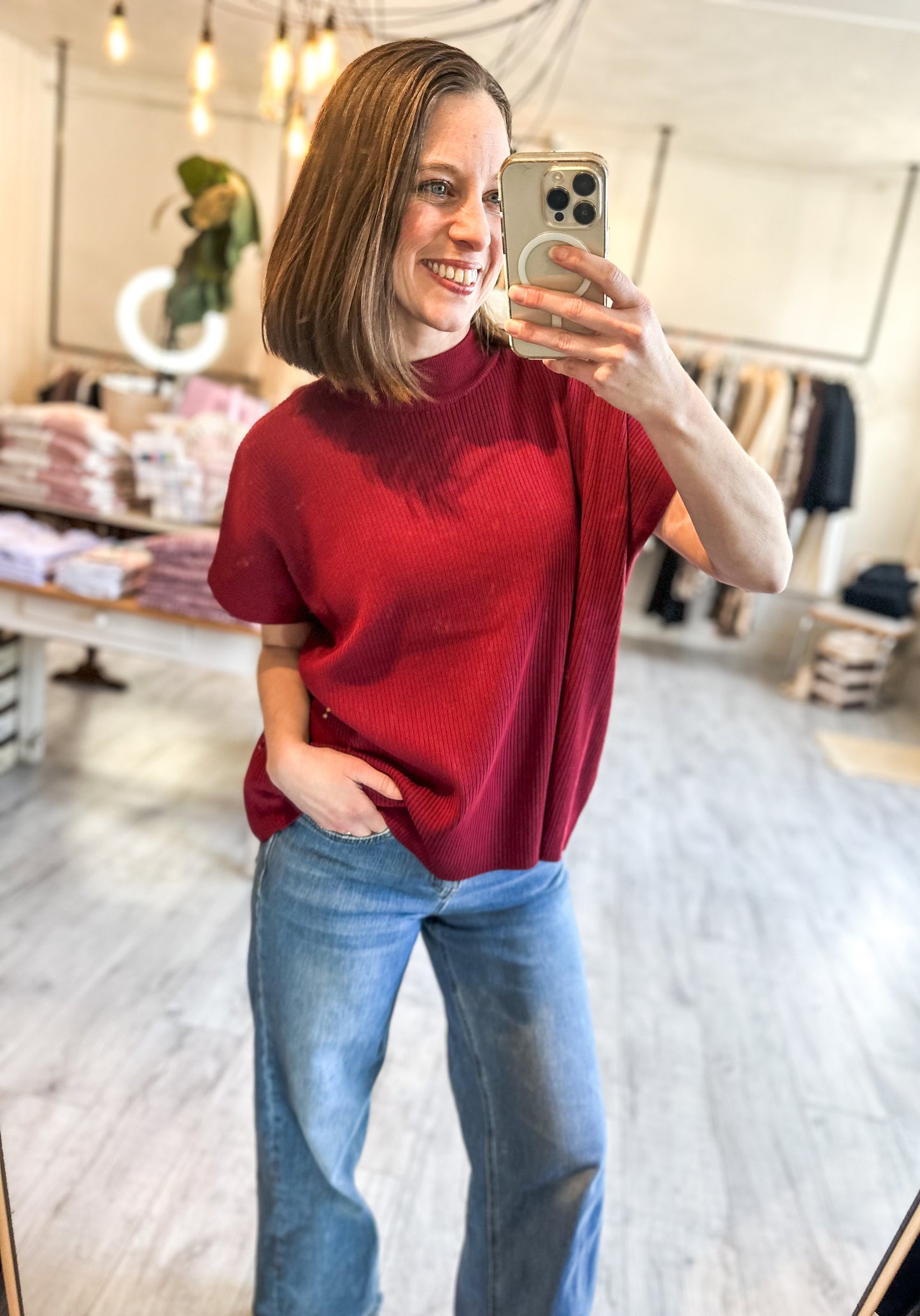 Mock Neck Short Sleeve Sweater in Cabernet