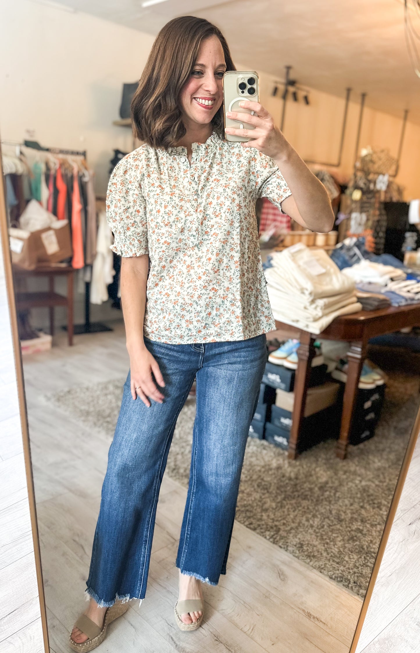Aria Dainty Floral Print Short Sleeve Ruffle Neckline Blouse