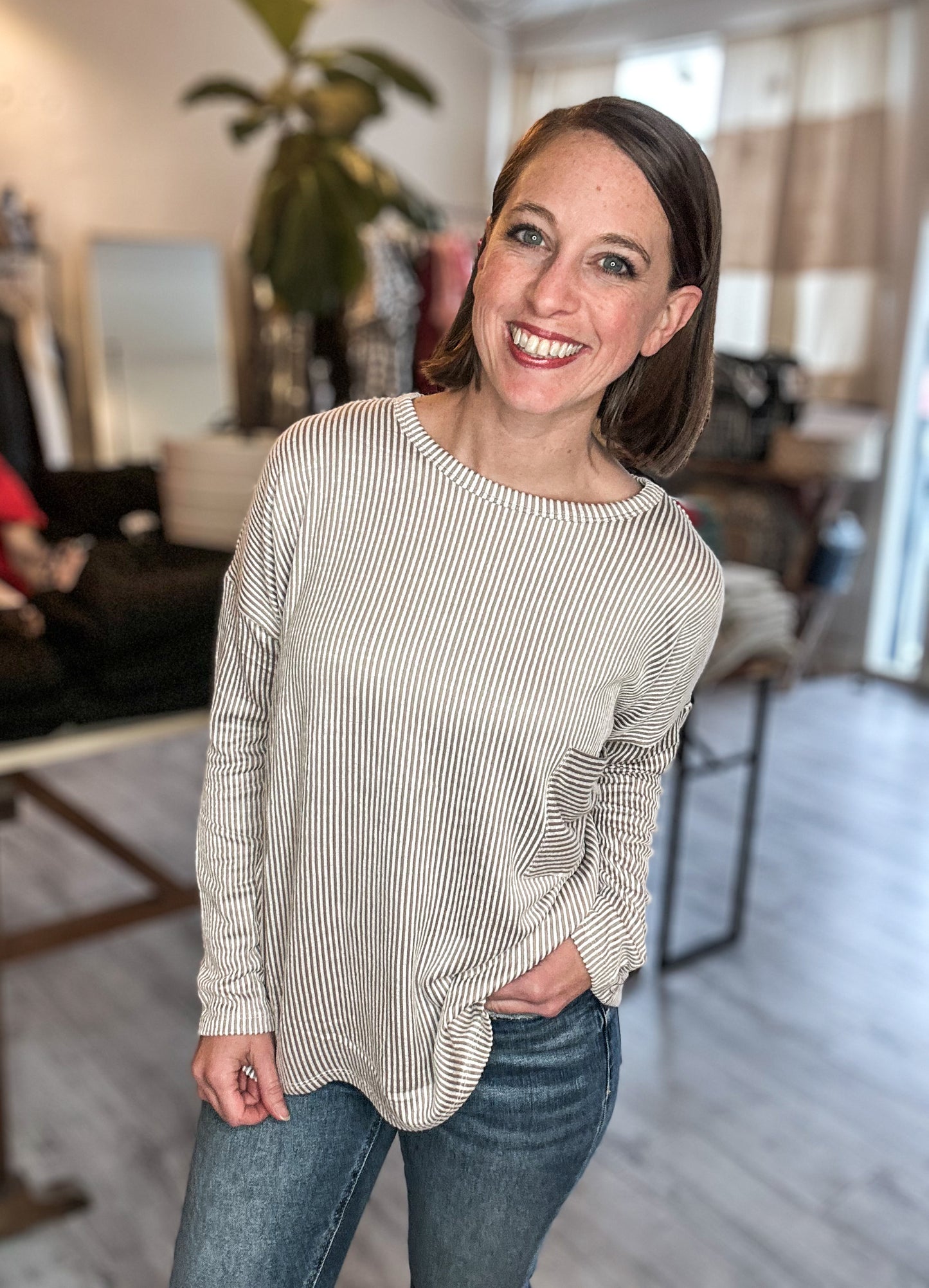 Ribbed Long Sleeve Top in Light Mocha