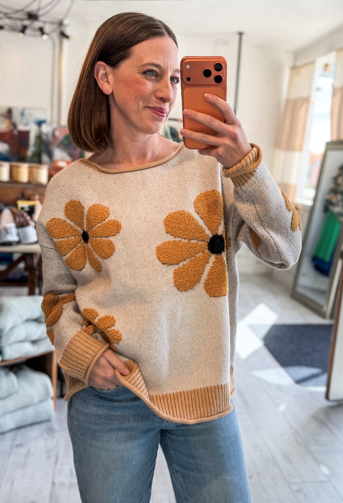 OATMEAL LATTE DAISY FLORAL RIBBED SWEATER