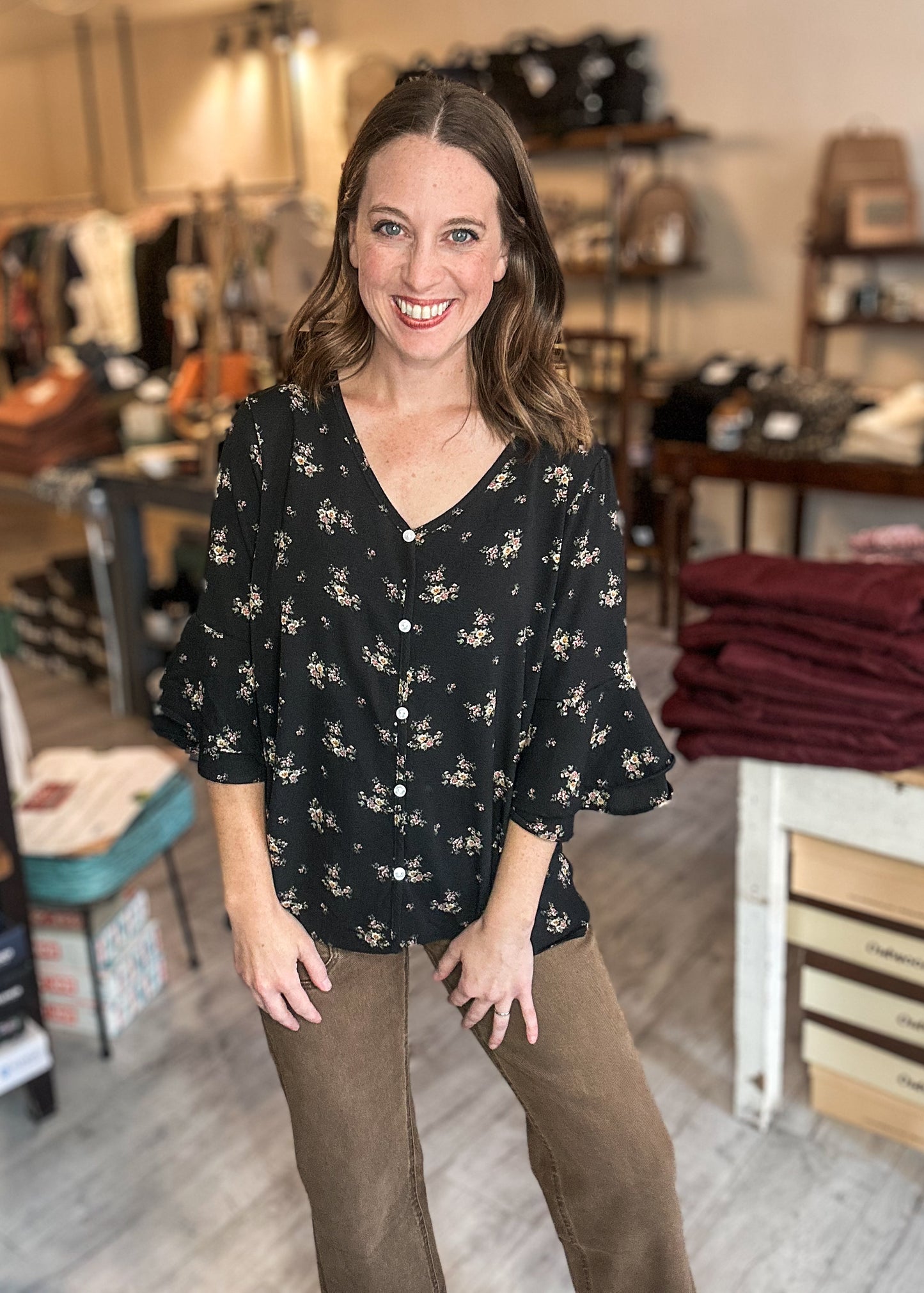 Floral Button Top in Black