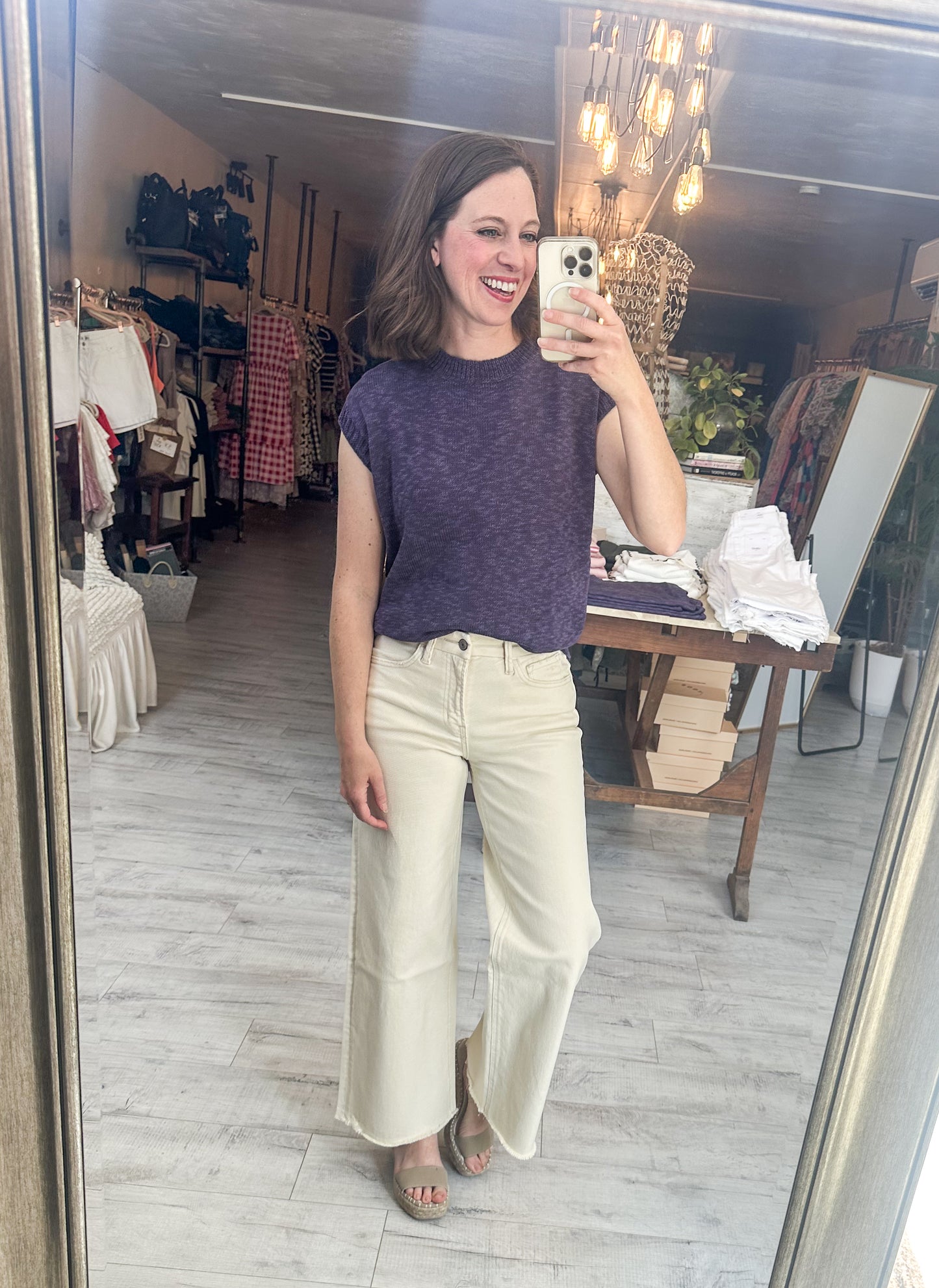 High Rise Raw Hem Ankle Wide Leg Denim in Off White by Lovervet