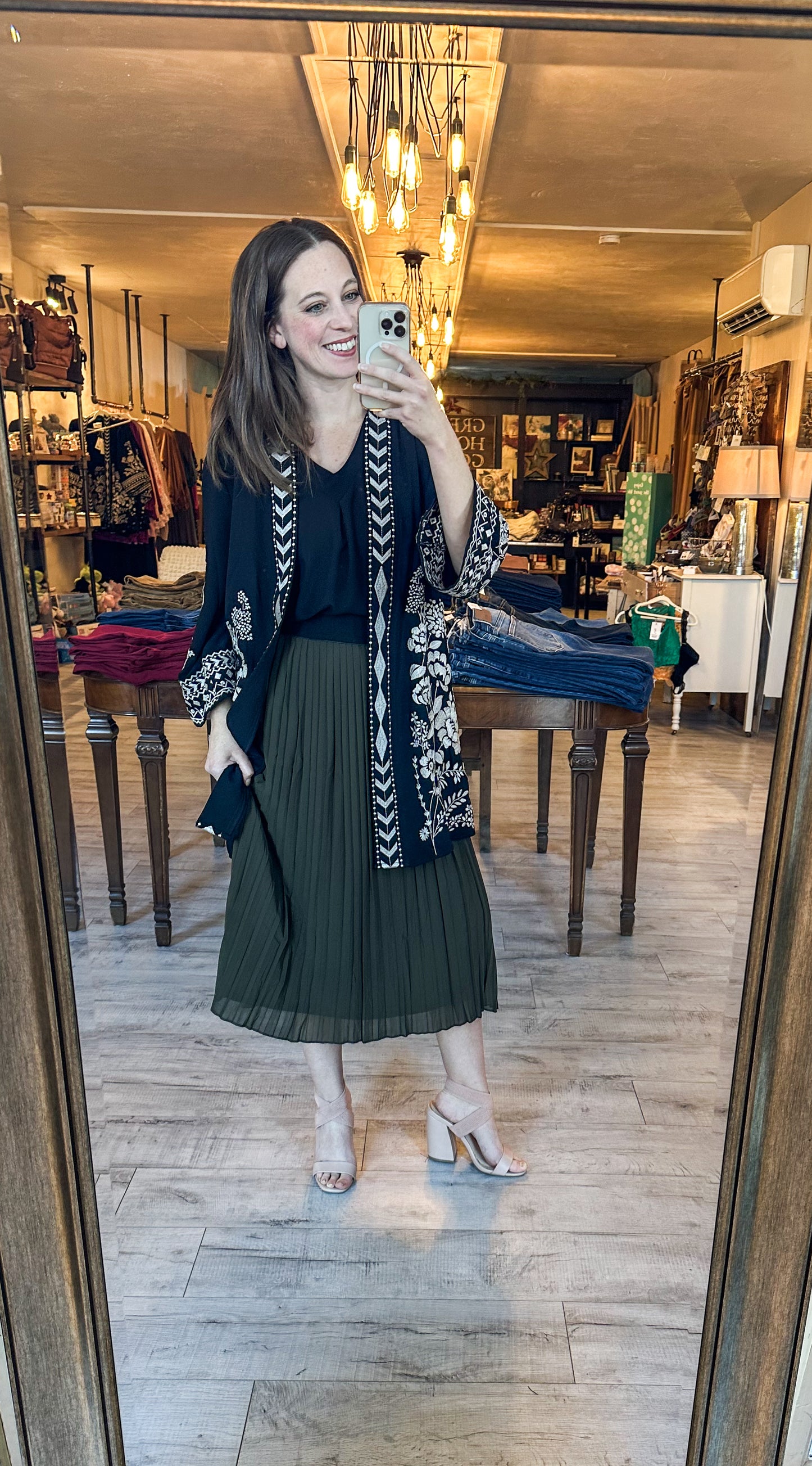 Midi Elizabeth Pleated Chiffon Skirt in Dark Olive