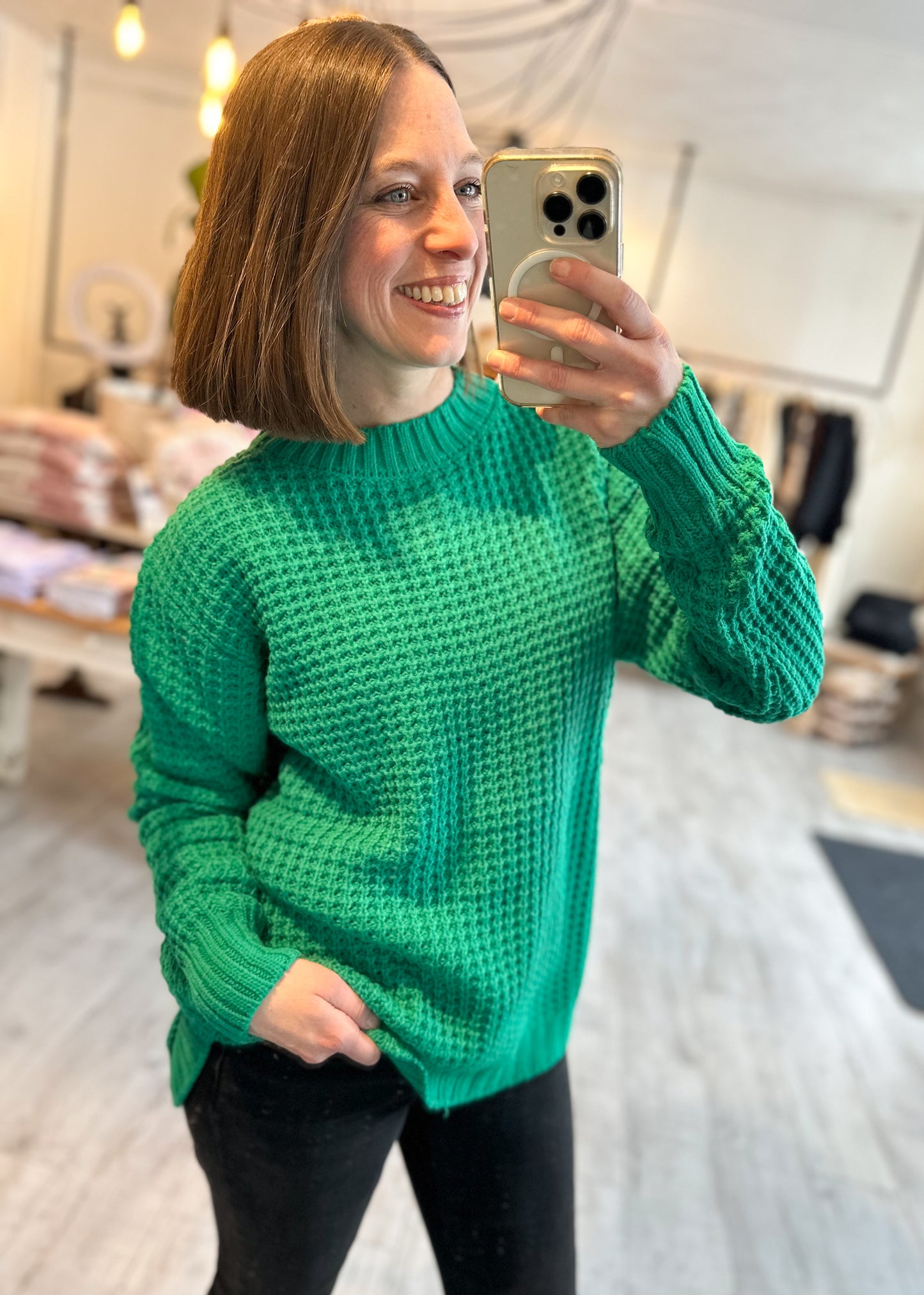 Hi-Low Waffle Sweater in Kelly Green