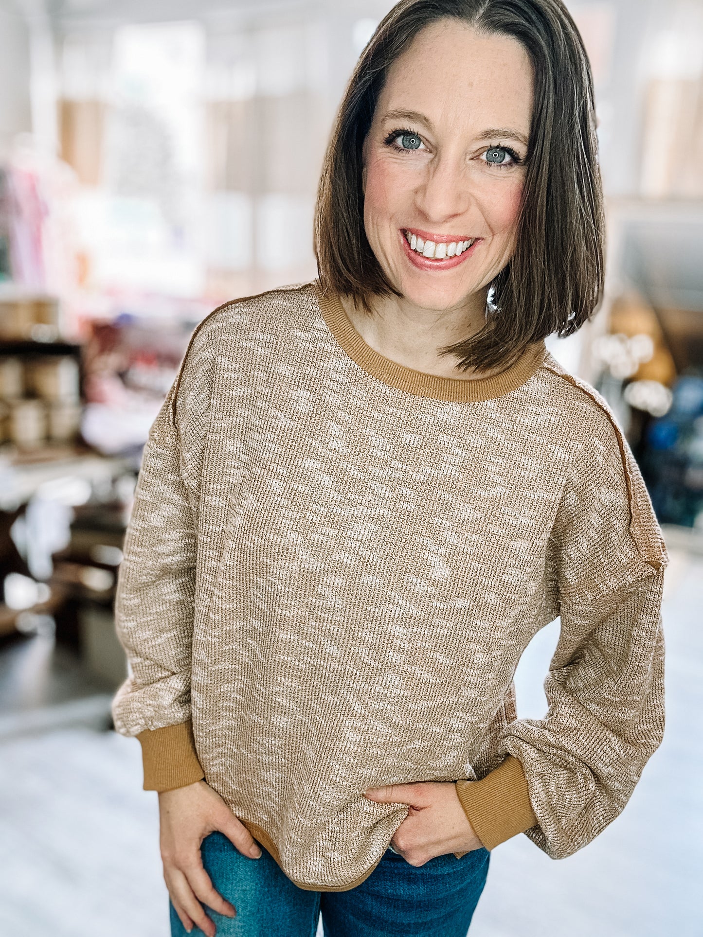 Oversized Printed Knit Casual Top in Mixed Mocha