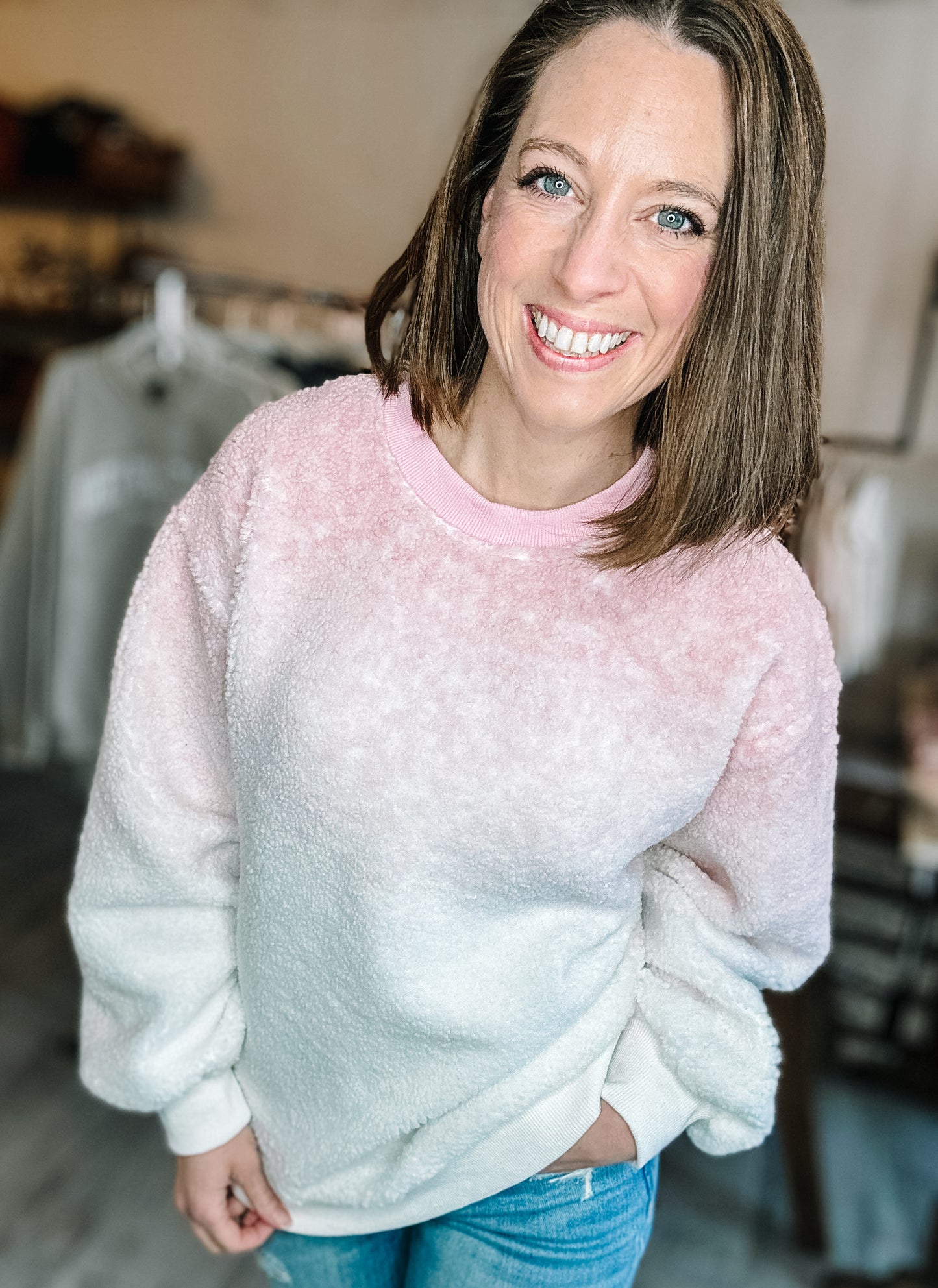 Soft Fleece Ombre Oversized Knit Top in Pink