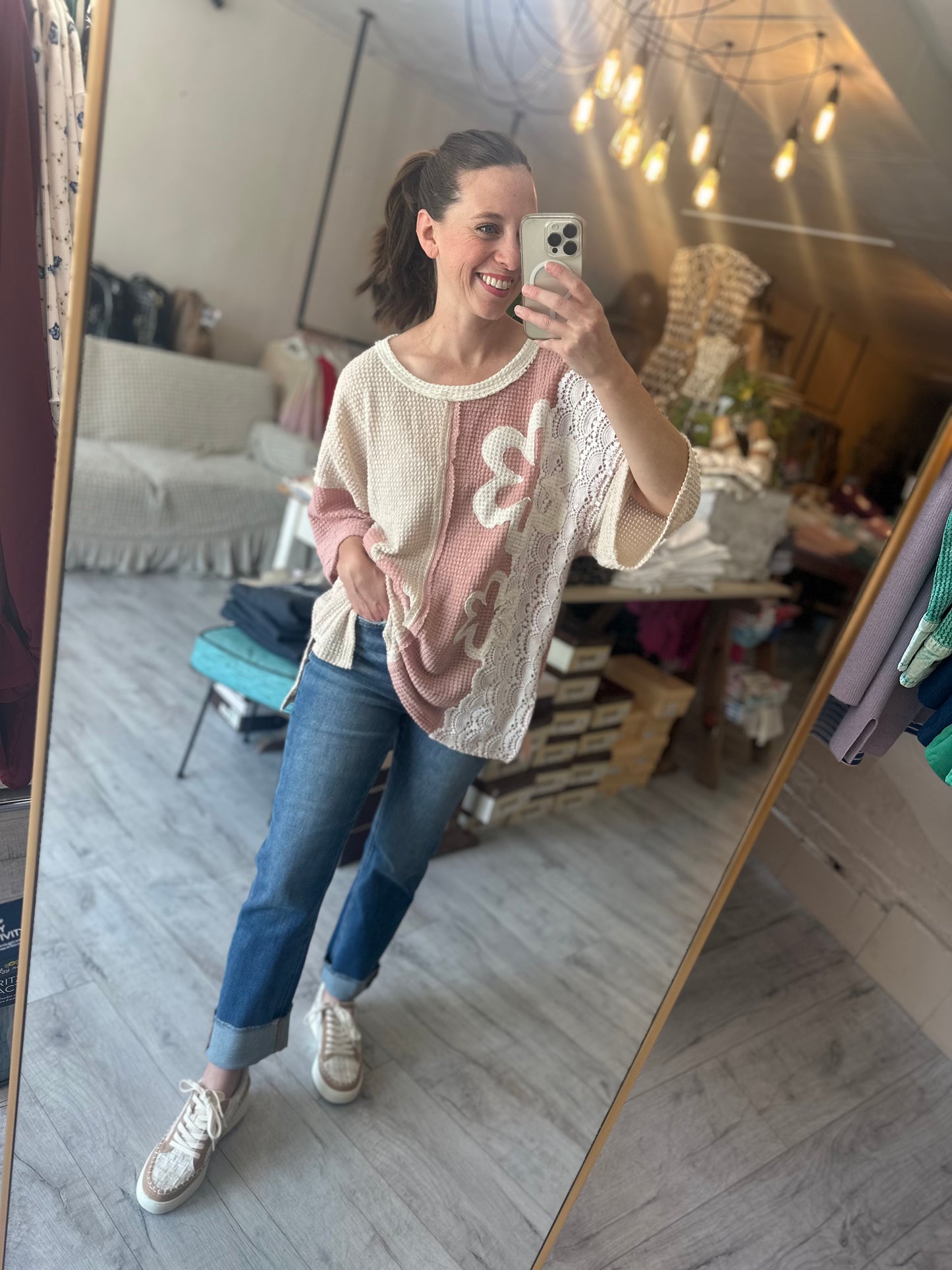 Patchwork Knit Pullover in Dusty Pink, Cream and Lace