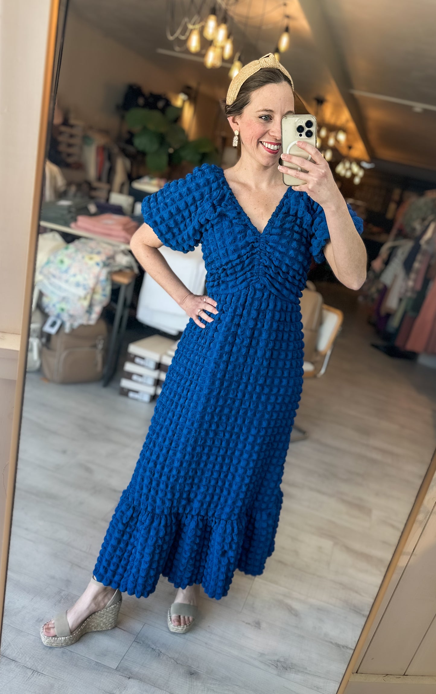 Whimsy Textured Short Sleeve V-Neck Midi Length Dress in Sapphire