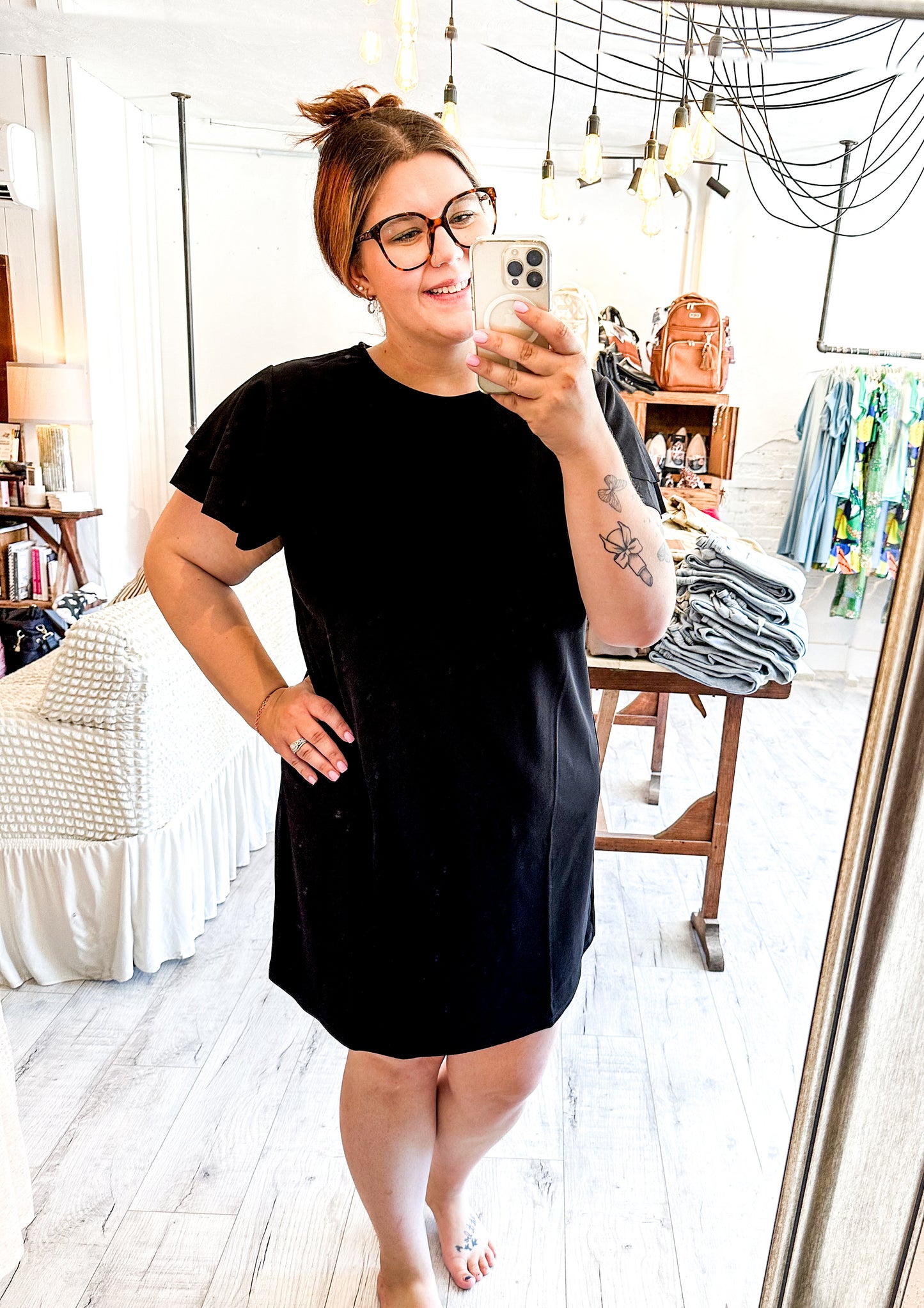 Ruffle Sleeve Tunic Dress in Black