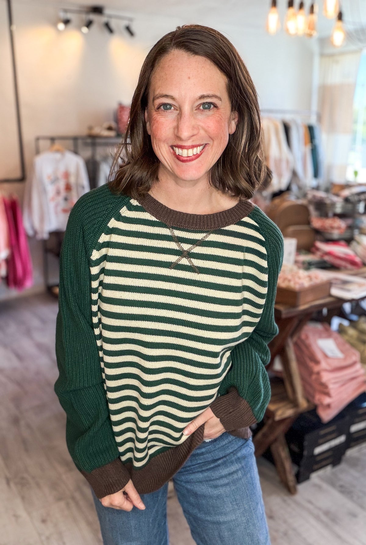 STRIPED COLORBLOCK RAGLAN LONG SLEEVE CREW SWEATER
