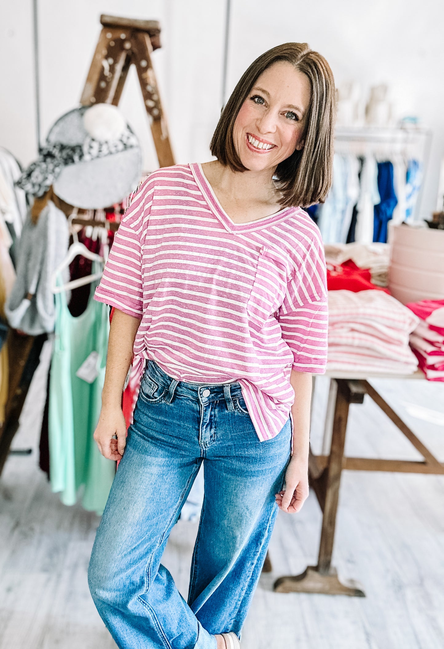 Oversized Stripe Casual V-Neck Knit Top in Orchid
