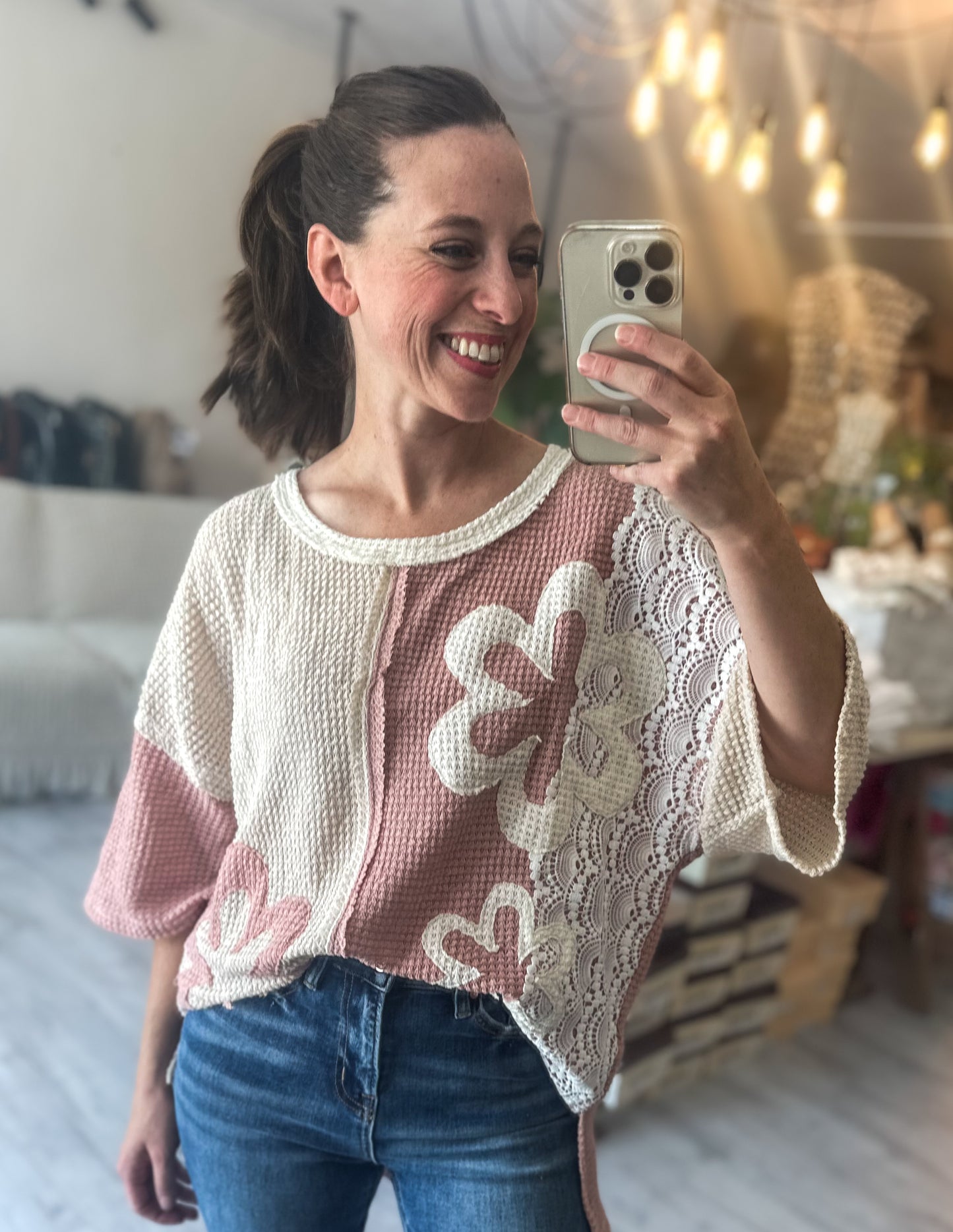 Patchwork Knit Pullover in Dusty Pink, Cream and Lace